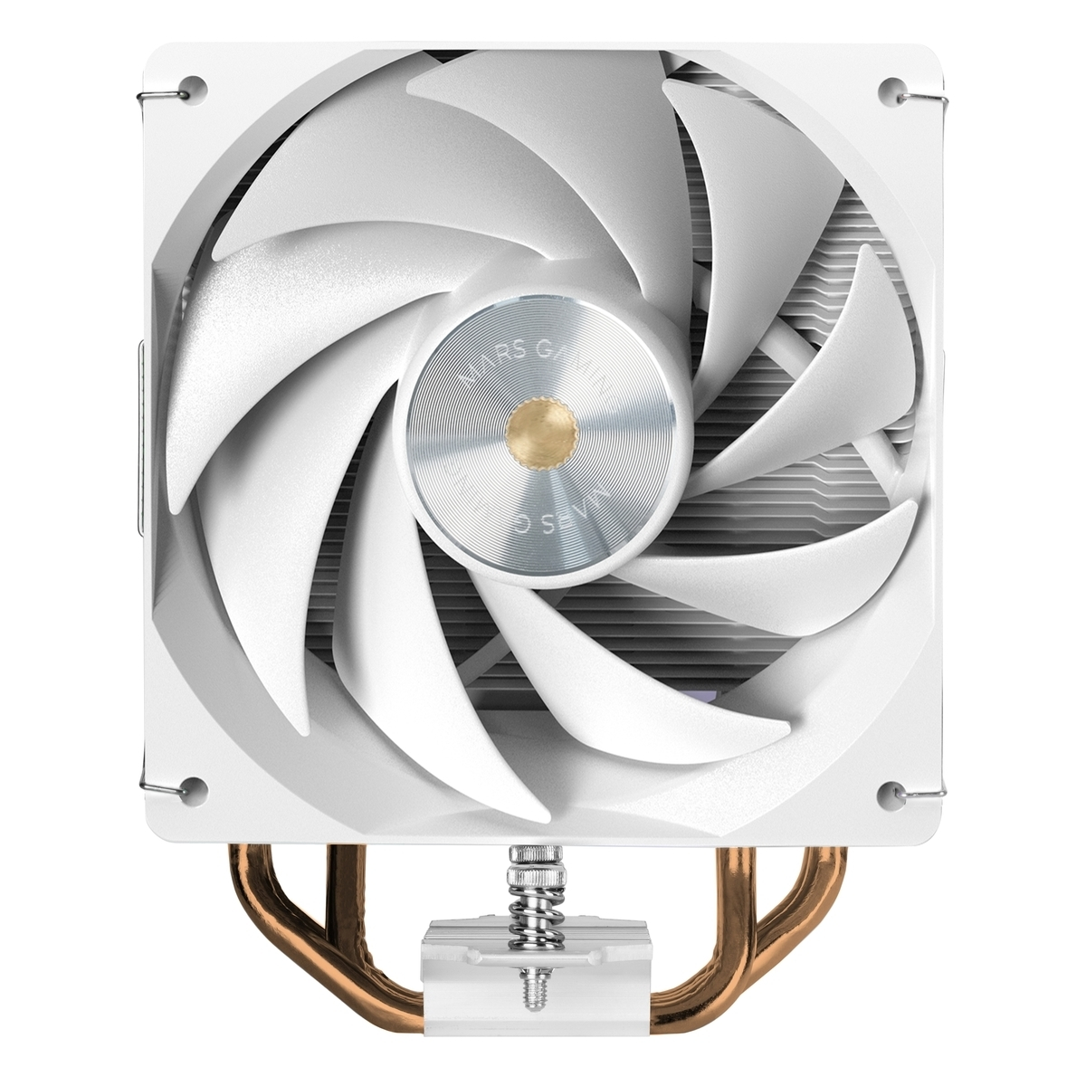 Un dissipatore CPU bianco con ventola, tubi in rame e centro argentato.