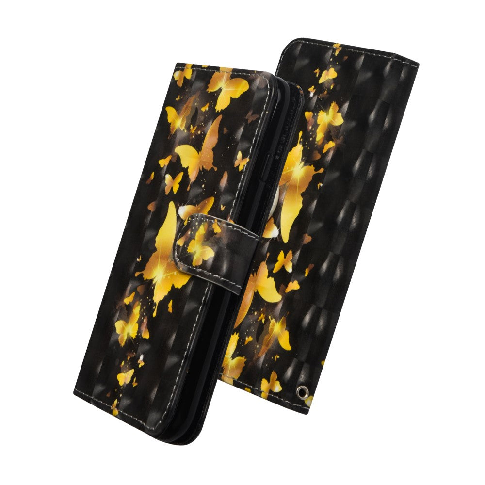 Custodia per telefono nera con farfalle dorate e design a fantasia.