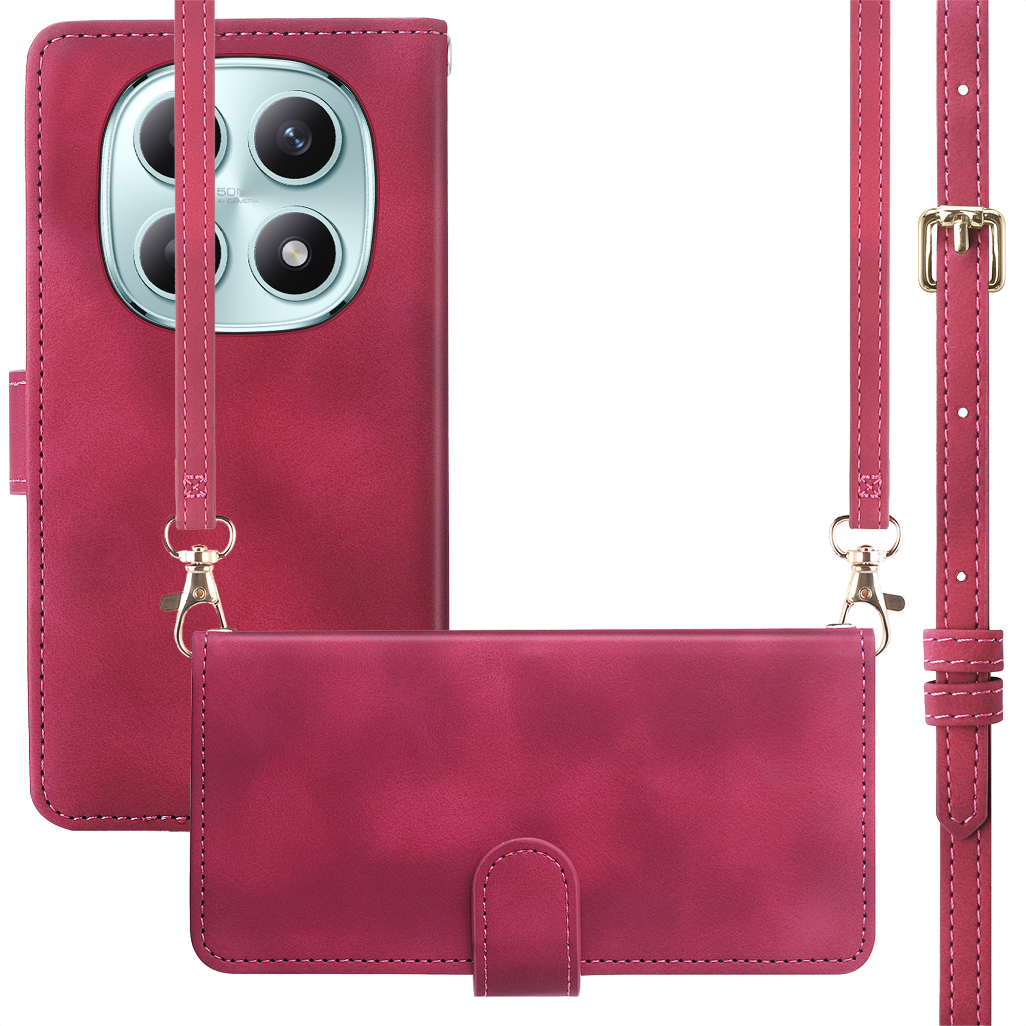 Coque de téléphone rouge avec quatre caméras et une sangle.