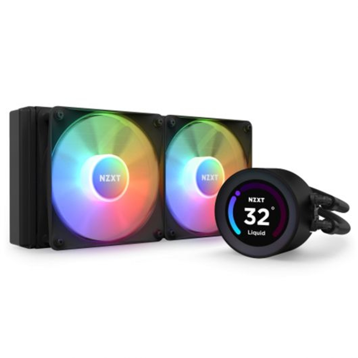 Twee RGB-ventilatoren en een ronde pomp met 32 graden vloeistoftemperatuur.