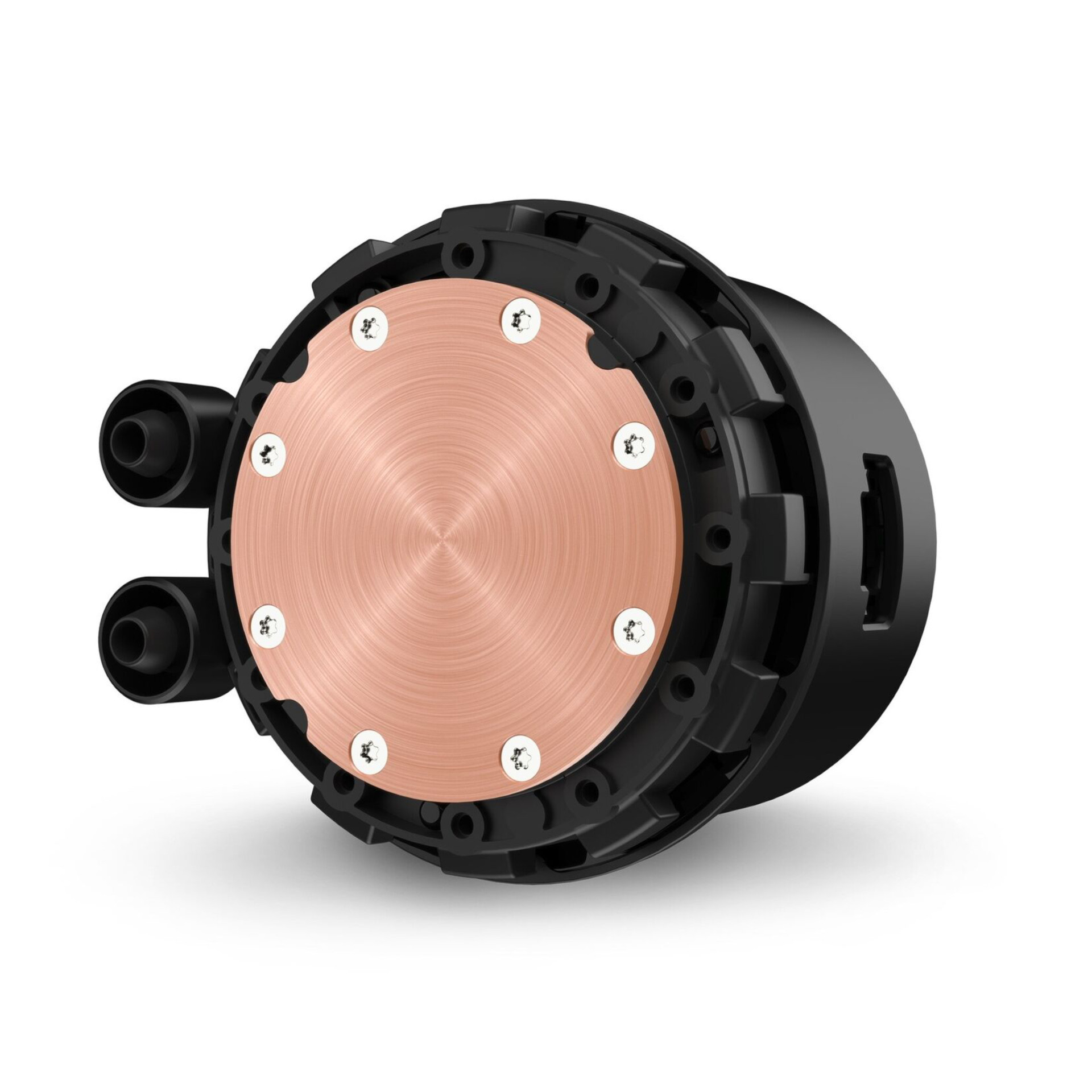 Een zwarte ventilator met koperen plaat en twee aansluitingen. Pomp centraal.