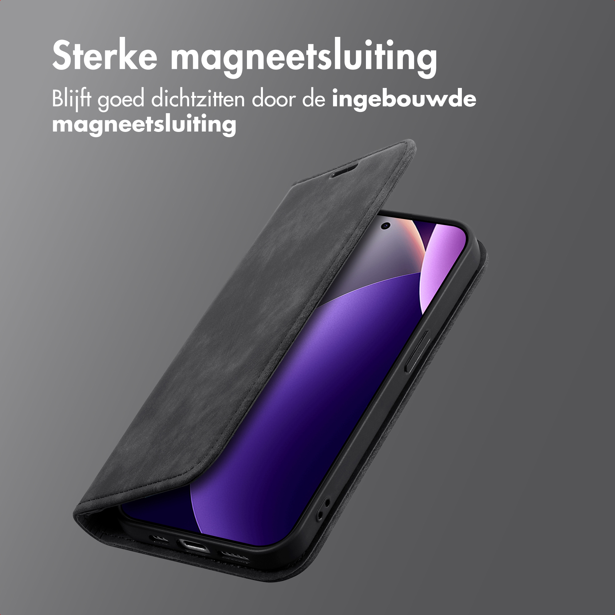 Telefono nero con custodia a libro aperta e schermo viola su sfondo grigio.