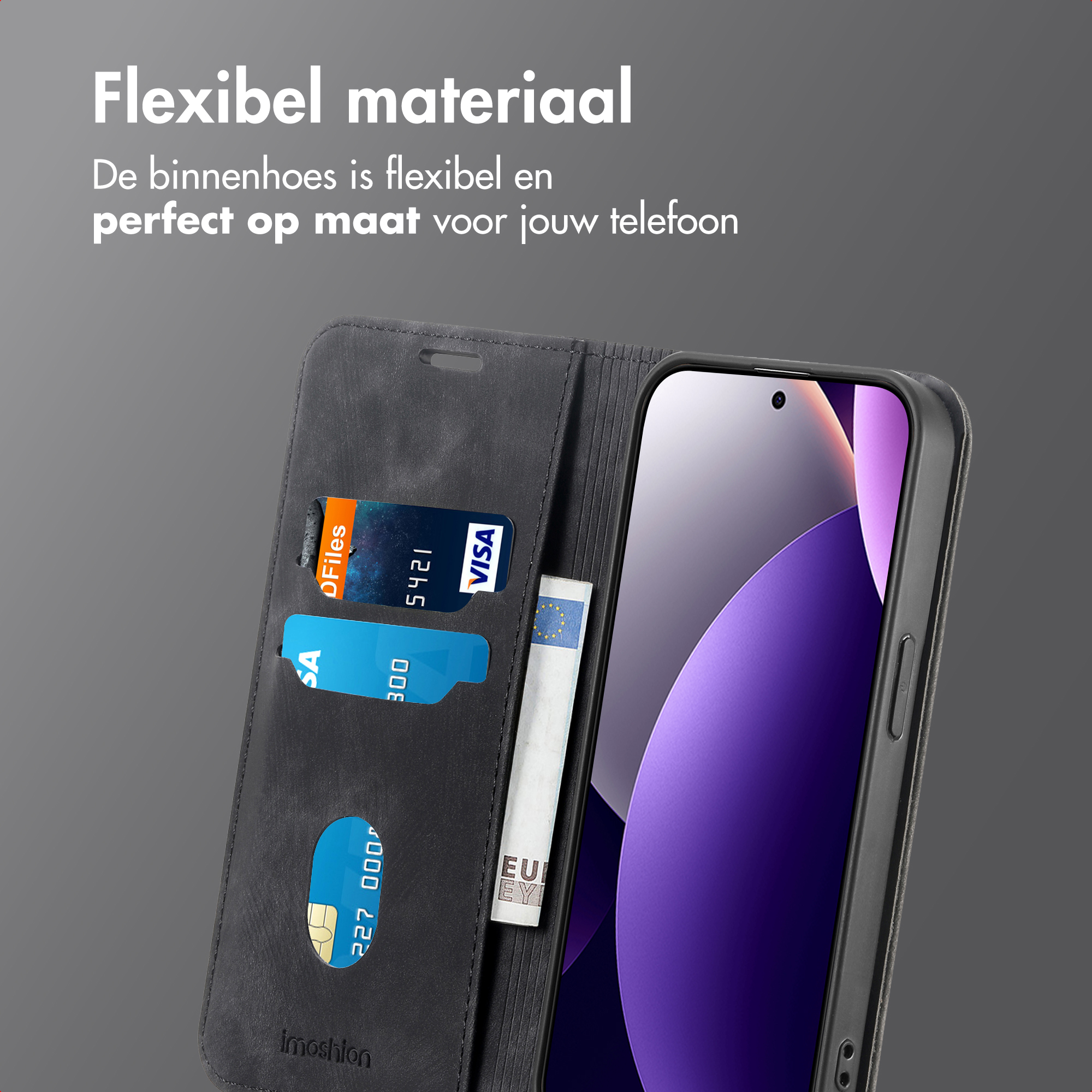 Custodia nera per telefono con slot per carte e denaro. Include telefono.