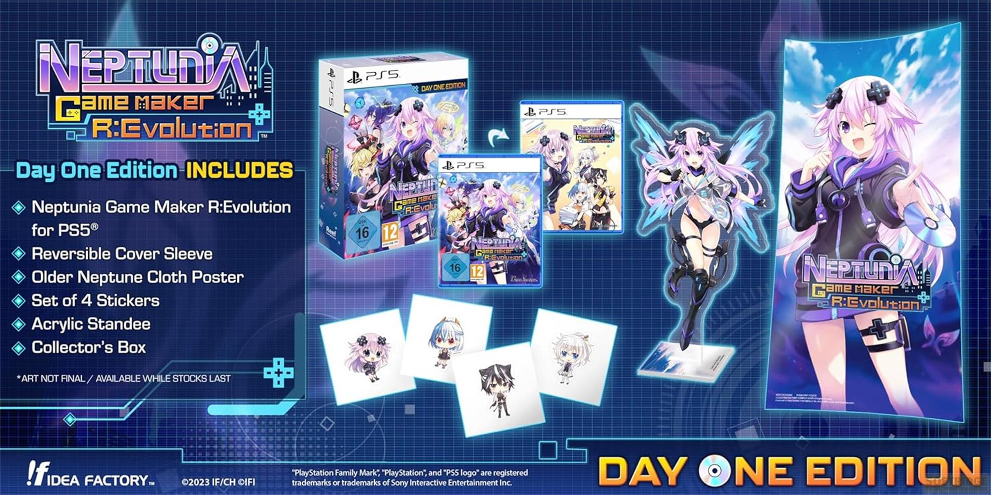 Edizione Day One PS5 Neptunia: Gioco, copertina, poster, adesivi, standee, scatola.