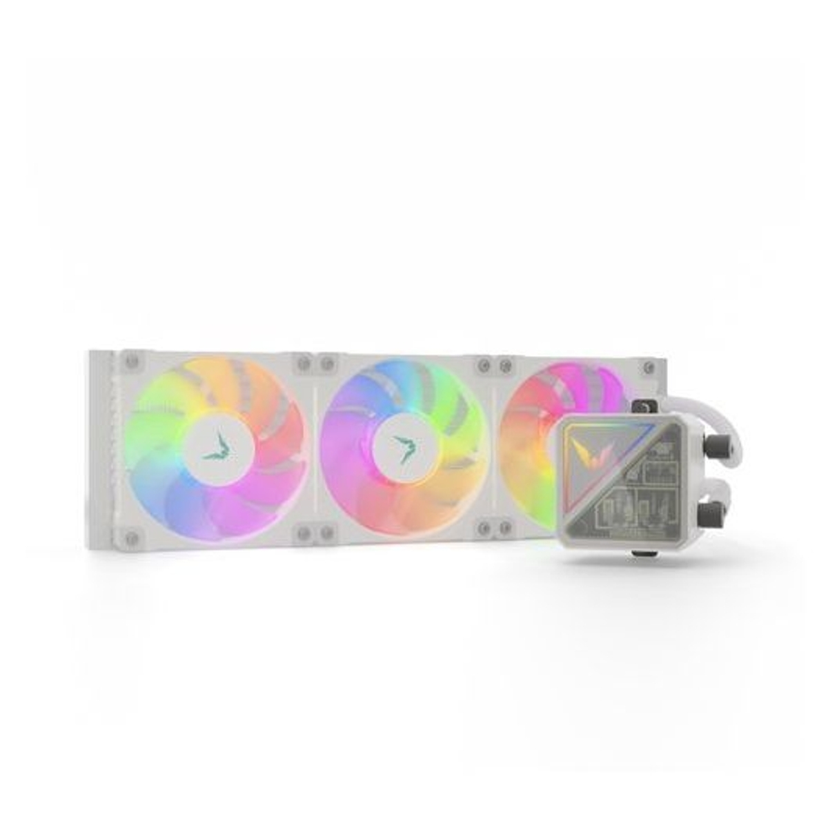 Biała chłodnica procesora z trzema wentylatorami RGB i kwadratową obudową pompy.