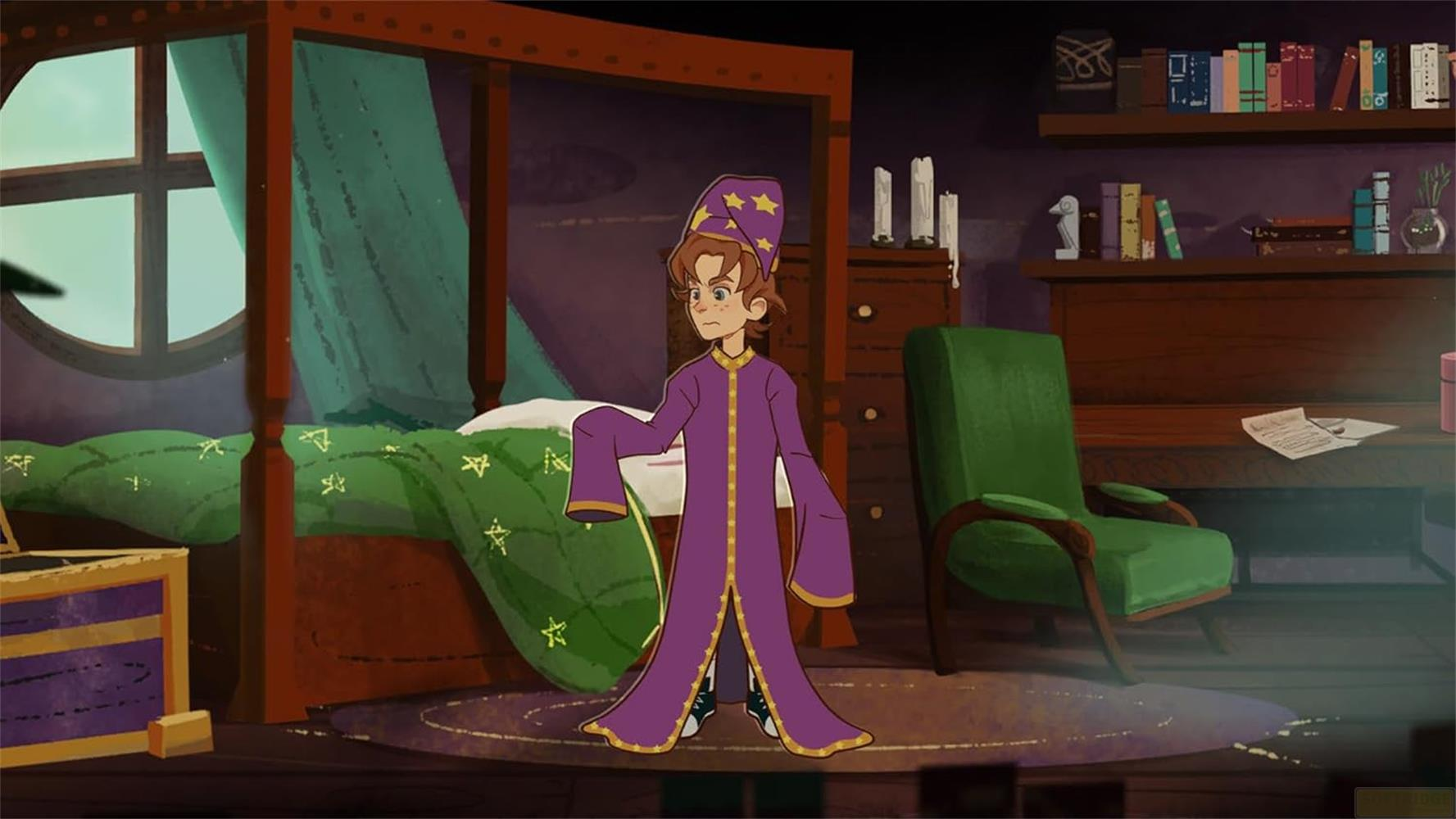Un ragazzo con una veste da mago viola sta in una stanza con un letto.