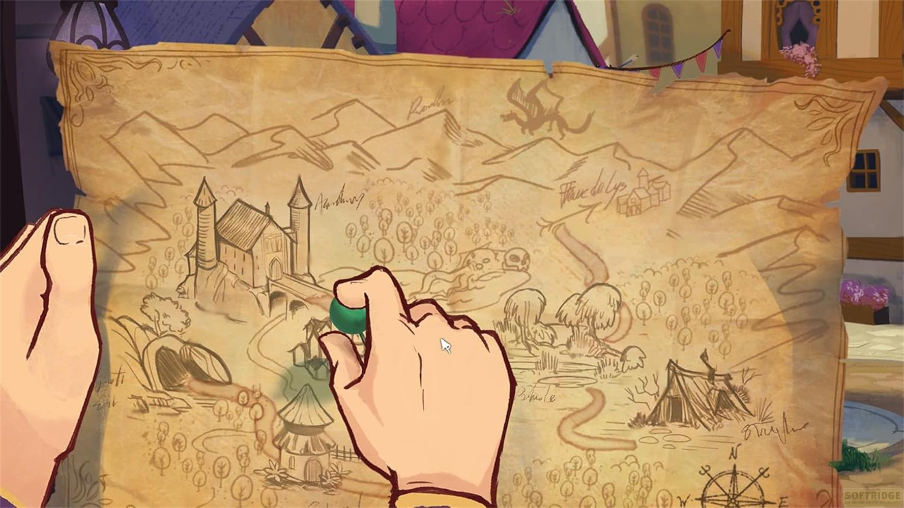 Una mano tiene un globo verde su una mappa disegnata a mano con castelli e draghi.