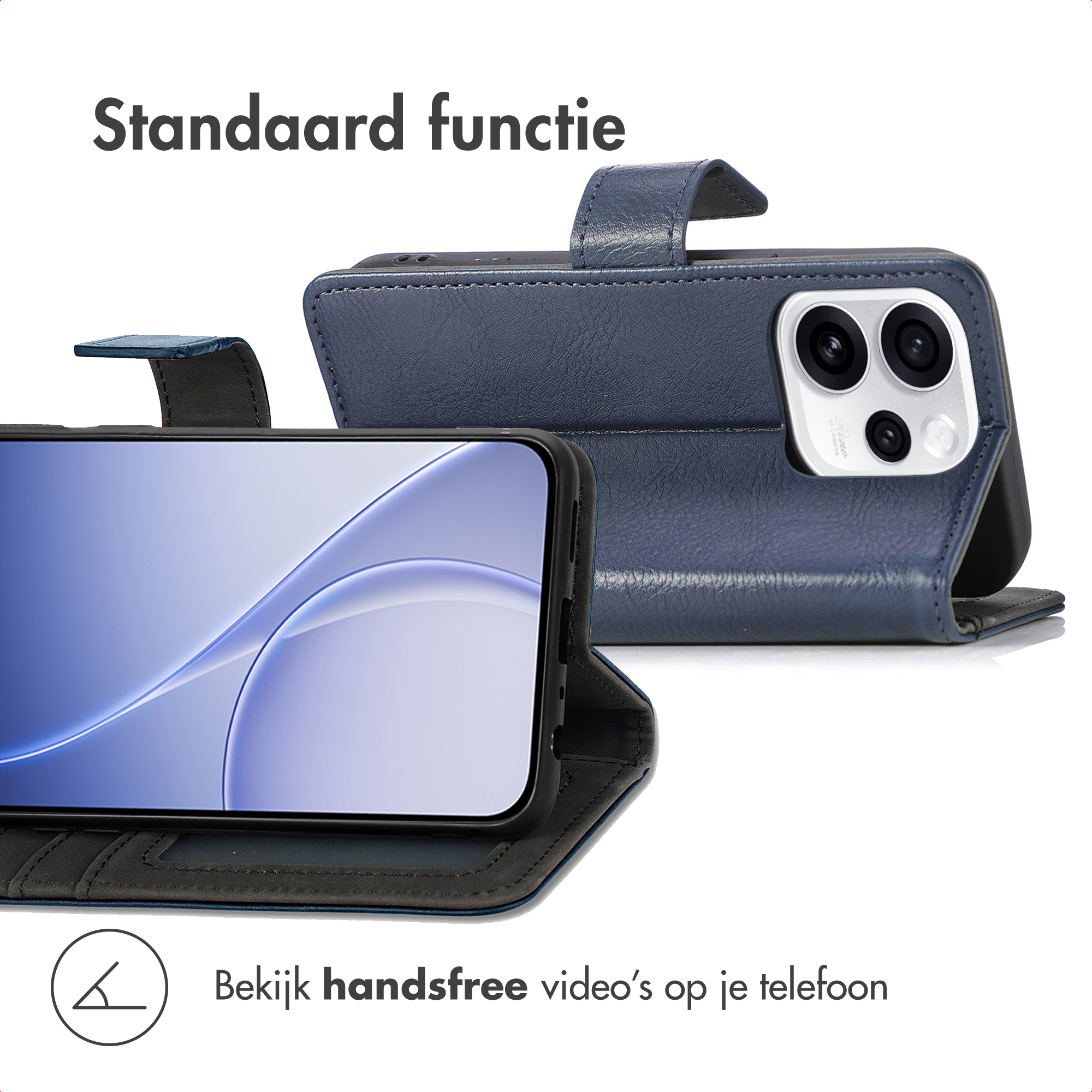 Blauw telefoonhoesje met standaardfunctie en telefoon.