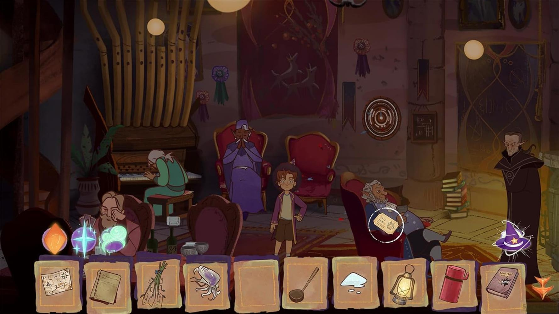 Un gruppo di personaggi in una stanza con un pianoforte e oggetti magici.
