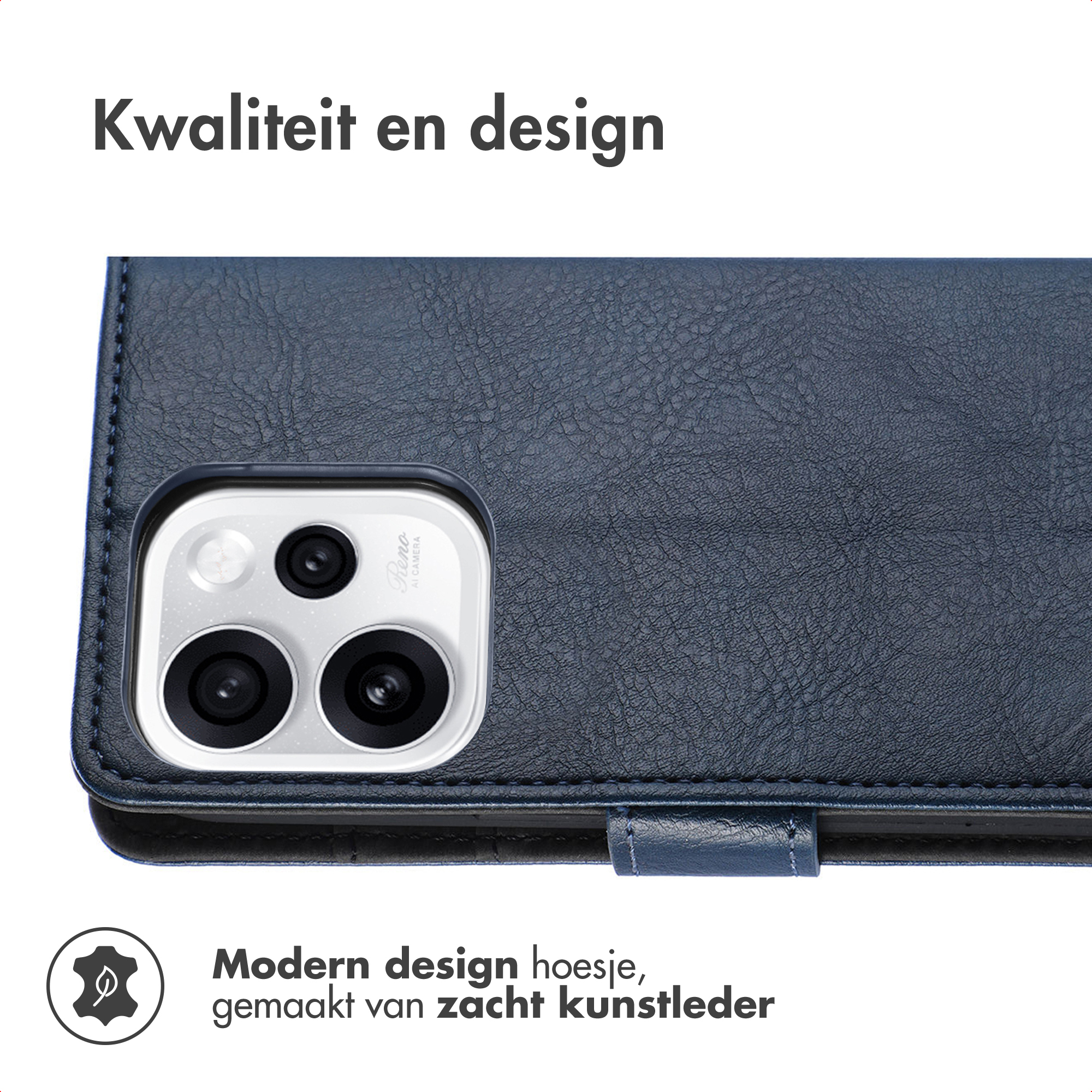 Donkerblauwe kunstlederen telefoonhoes met camera-uitsparing. Tekst: Kwaliteit en design.