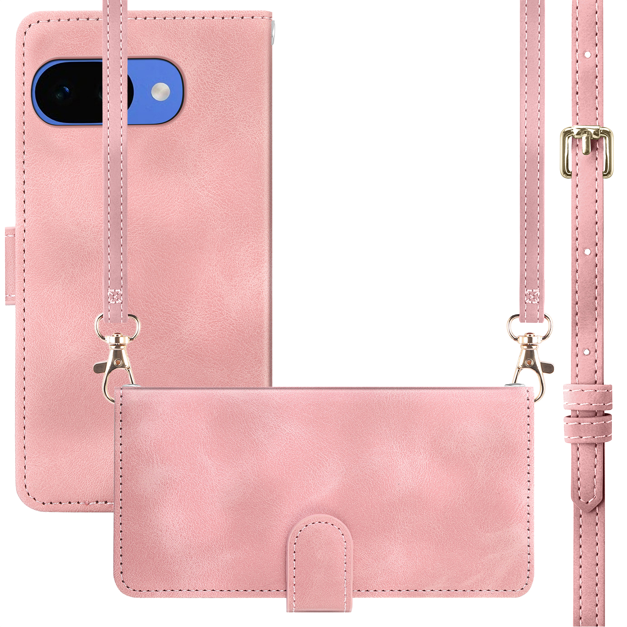 Un étui rose pour téléphone avec une lanière et un rabat.