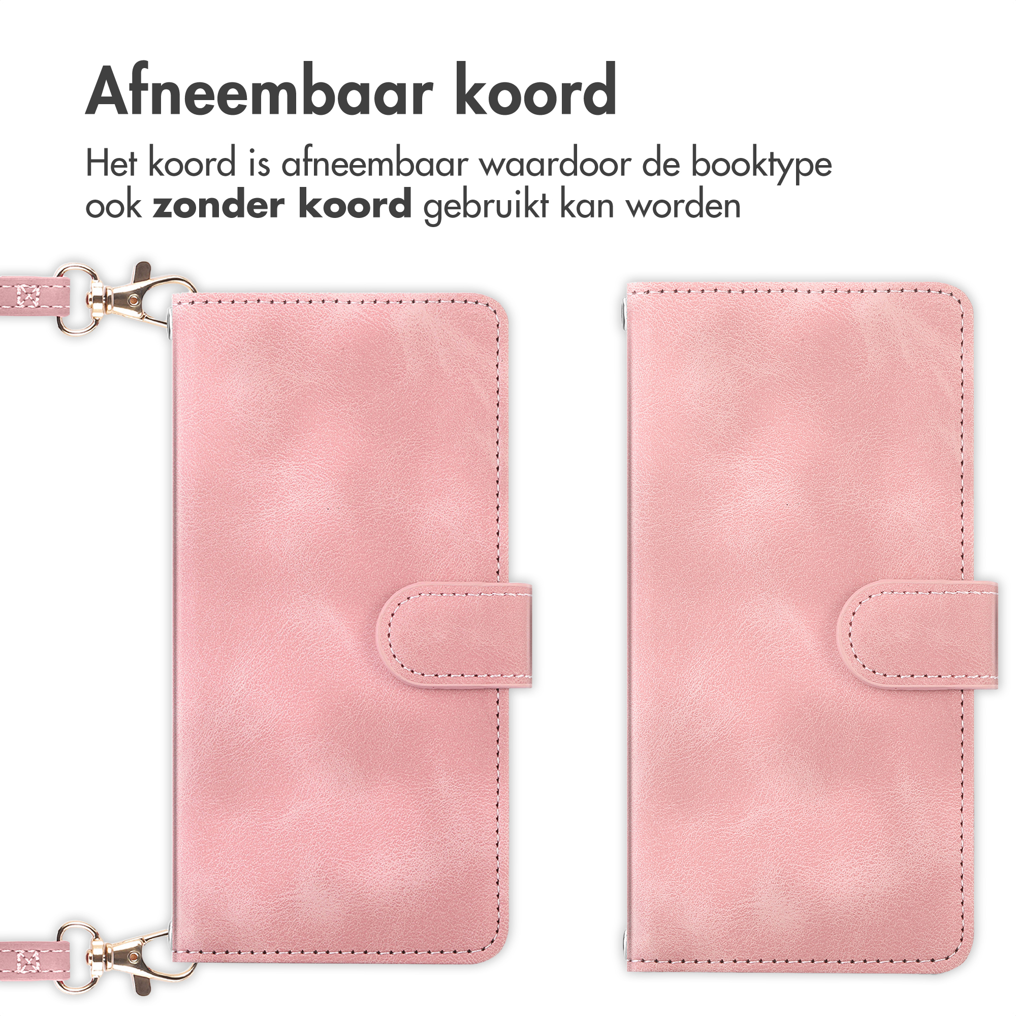Étui rose pour téléphone avec lanière détachable, avant et arrière.