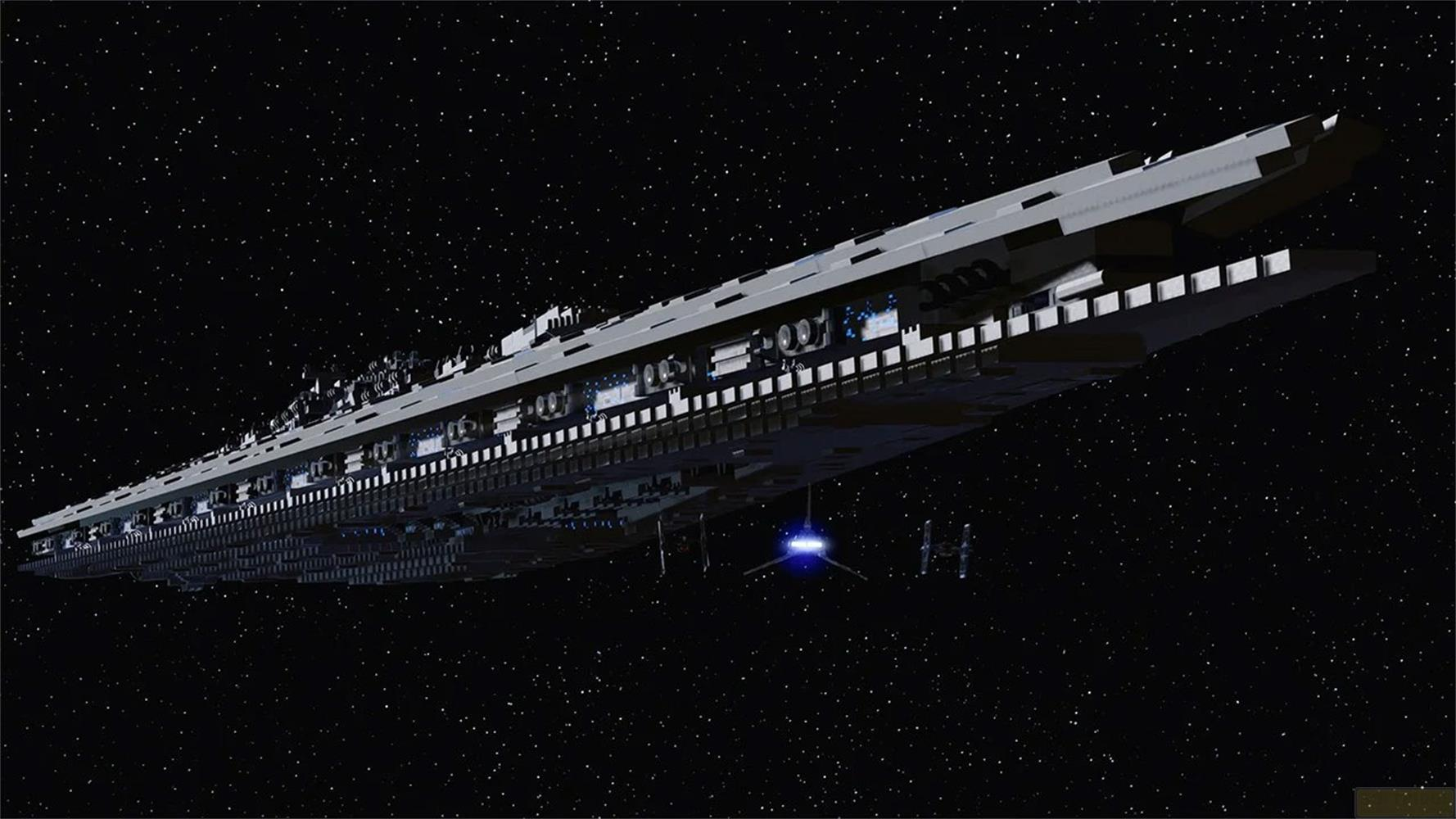 Un immense vaisseau spatial gris vole dans un ciel étoilé.