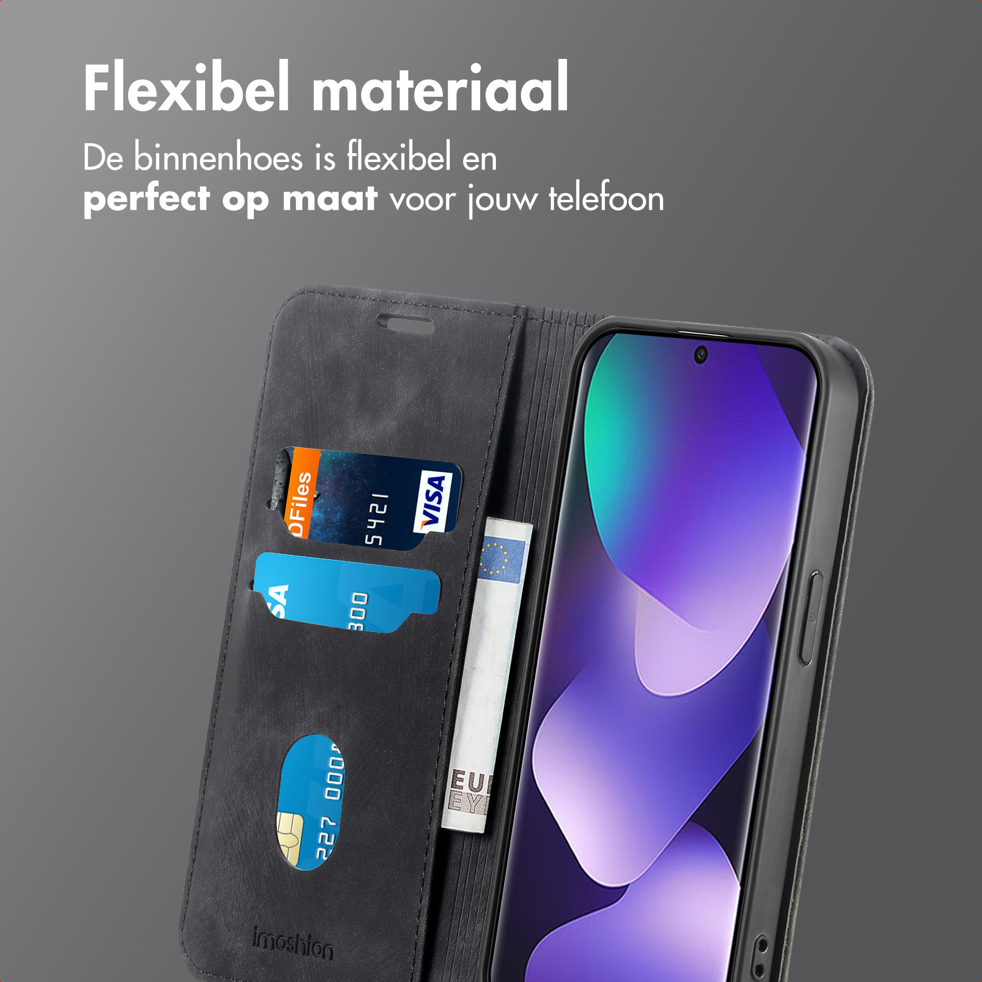 Coque de téléphone noire avec fentes pour cartes et billet. Montre un smartphone avec écran violet.
