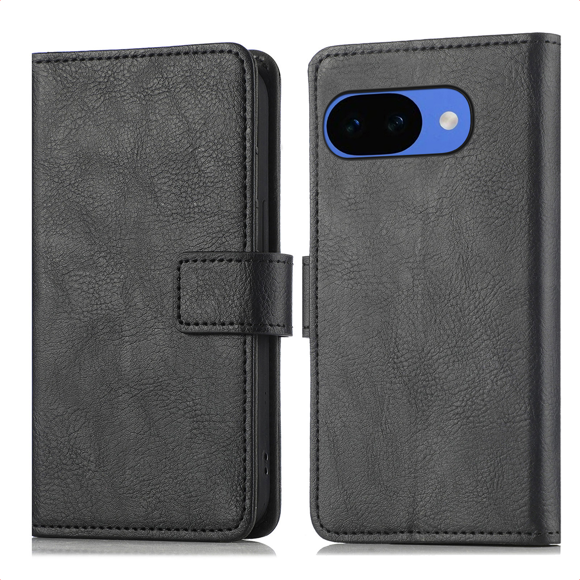 Zwarte leren telefoonhoes met camerauitsparing en magnetische sluiting.