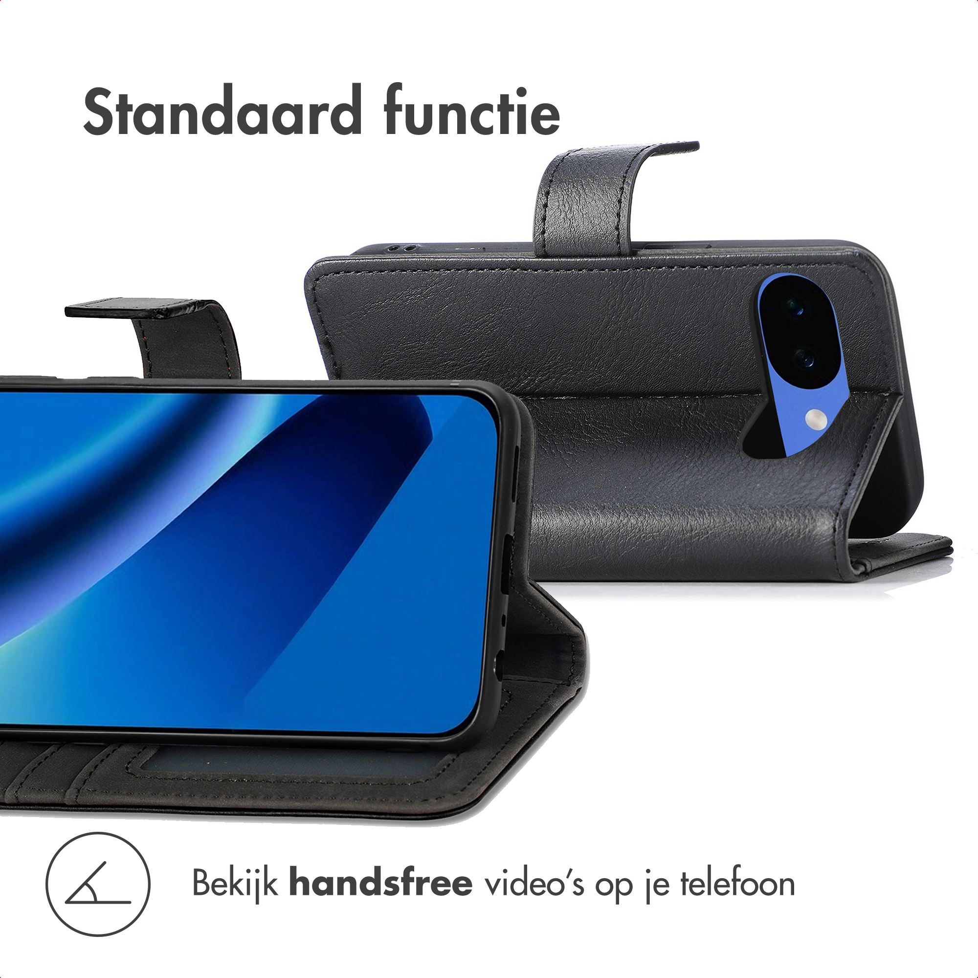 Zwart flip telefoonhoesje in liggende modus met camera en blauw scherm.