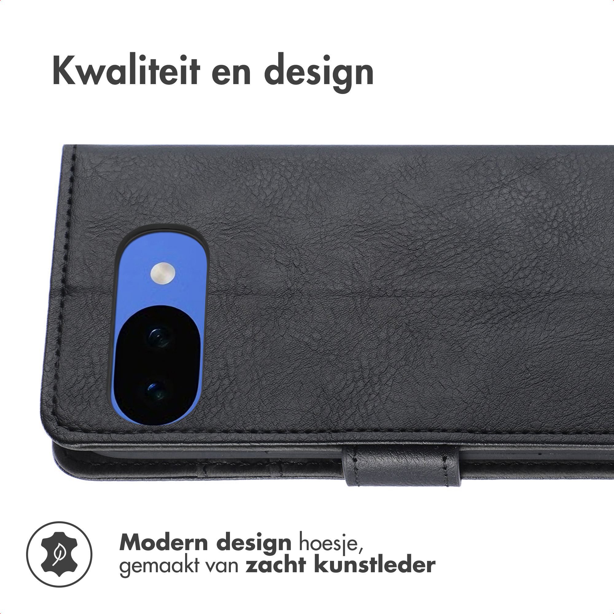 Zwart kunstleren telefoonhoes met camera-uitsparing en een bladsymbool.