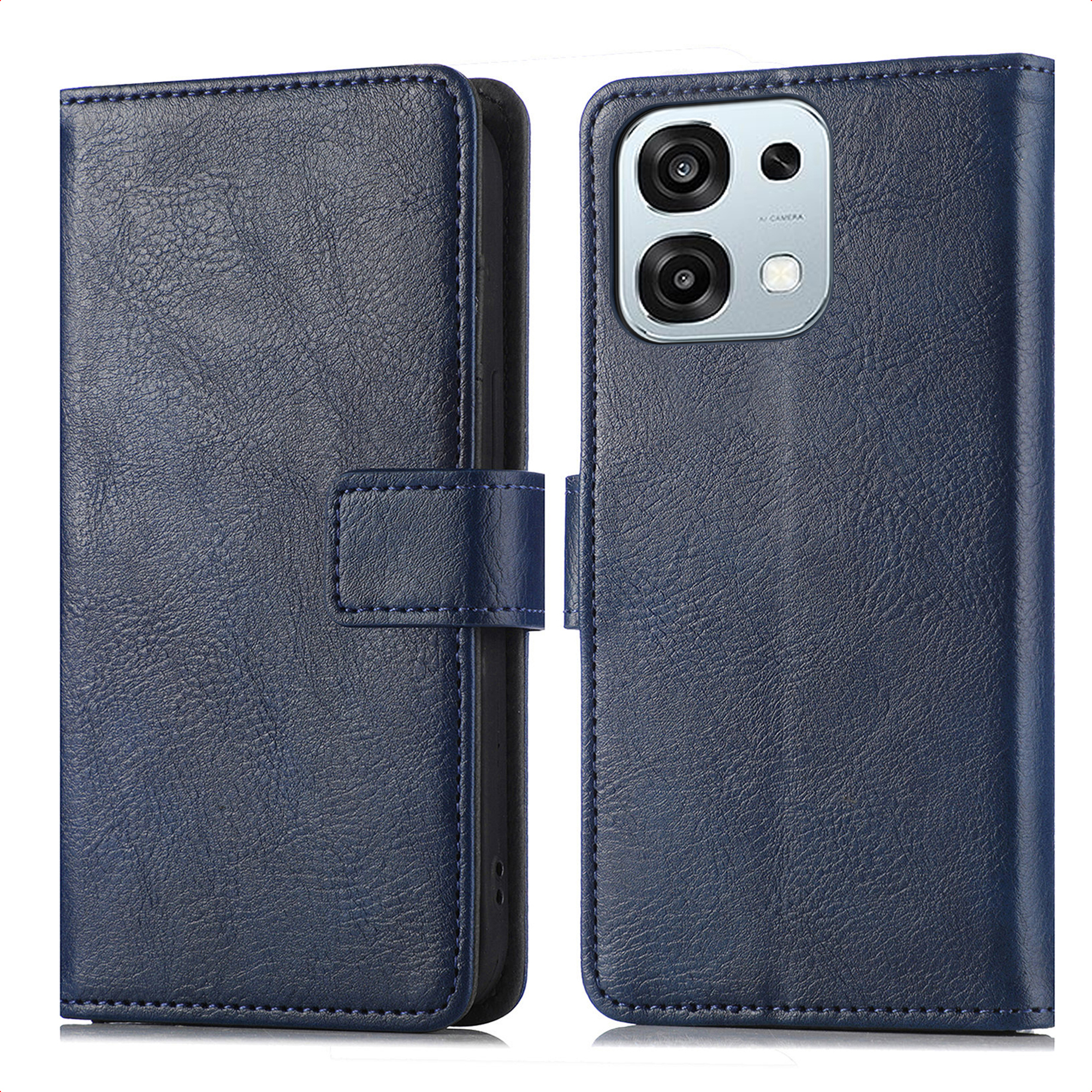 Étui de téléphone bleu foncé en cuir avec découpes pour appareil photo et fermeture magnétique.