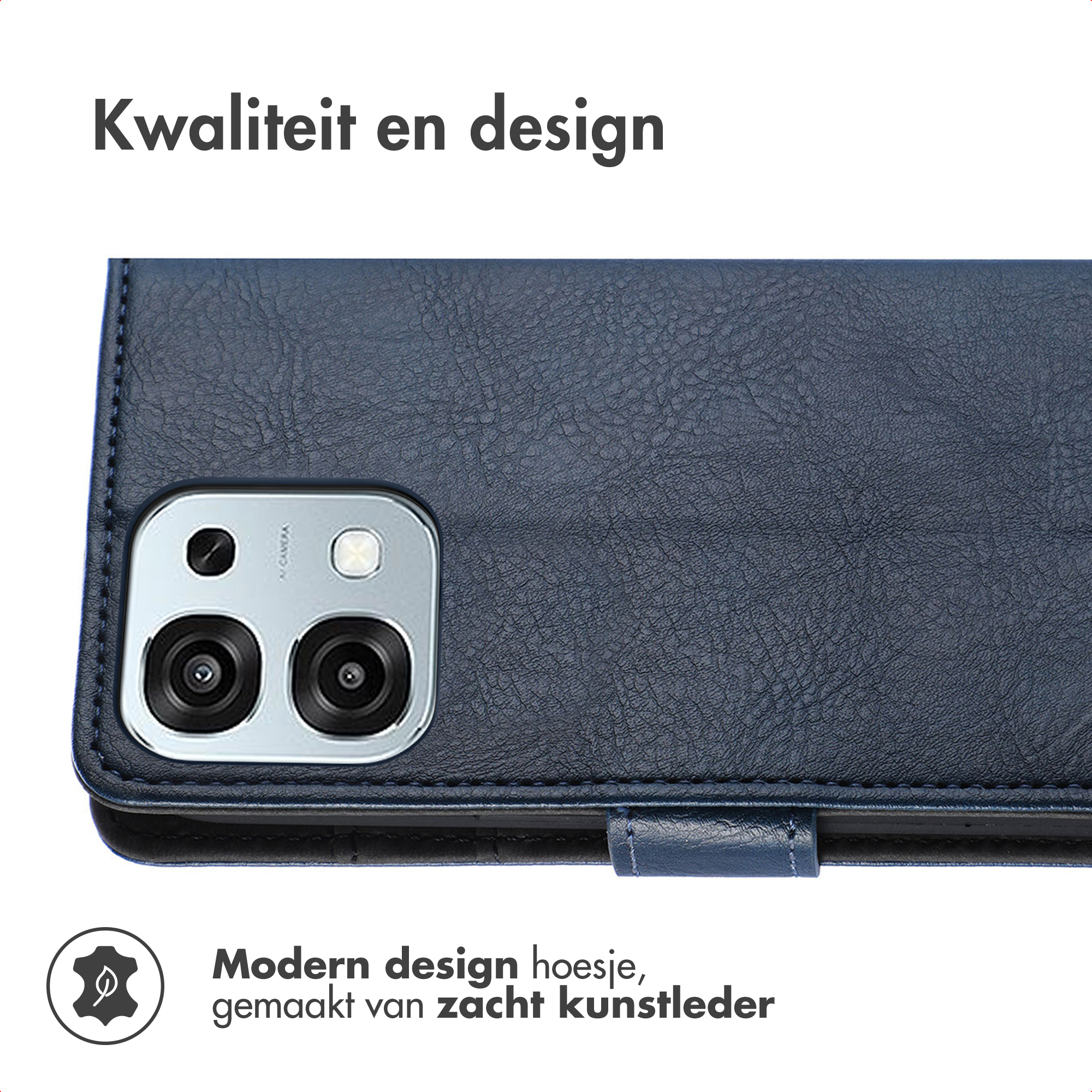 Étui de téléphone bleu marine en similicuir avec découpe caméra et coutures.