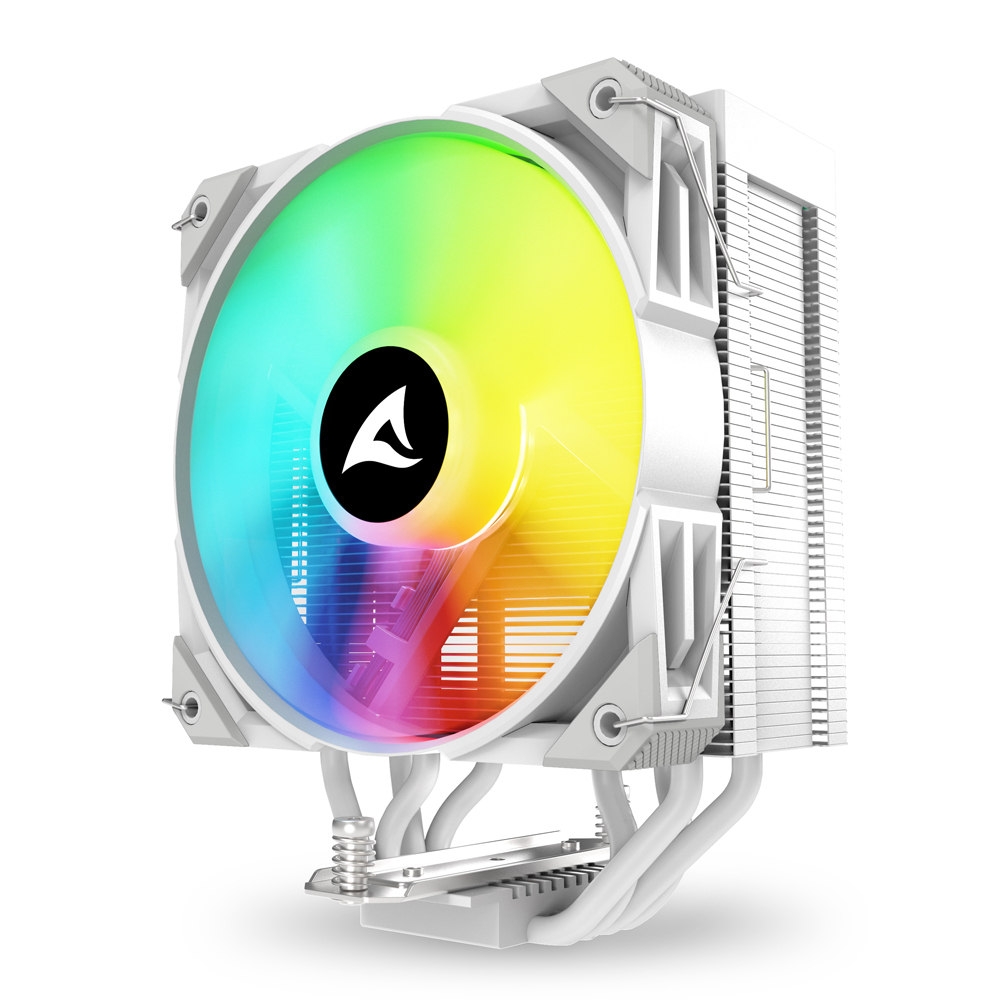 Biały cooler CPU z wentylatorem RGB na białym tle.