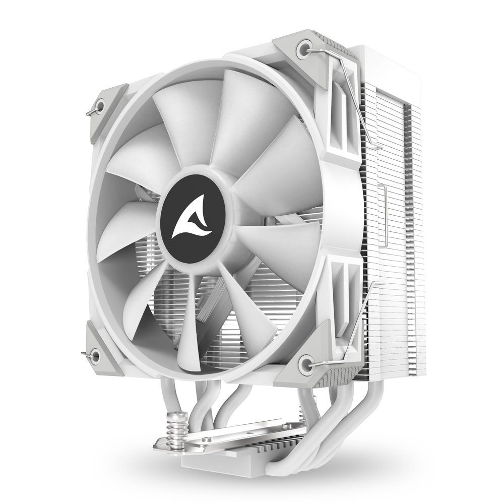 Biały cooler CPU z wentylatorem i żeberkami, na białym tle.