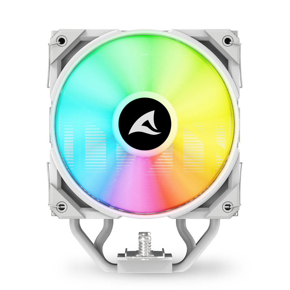 Biała chłodnica CPU z podświetlanym wentylatorem RGB i czarnym logo.