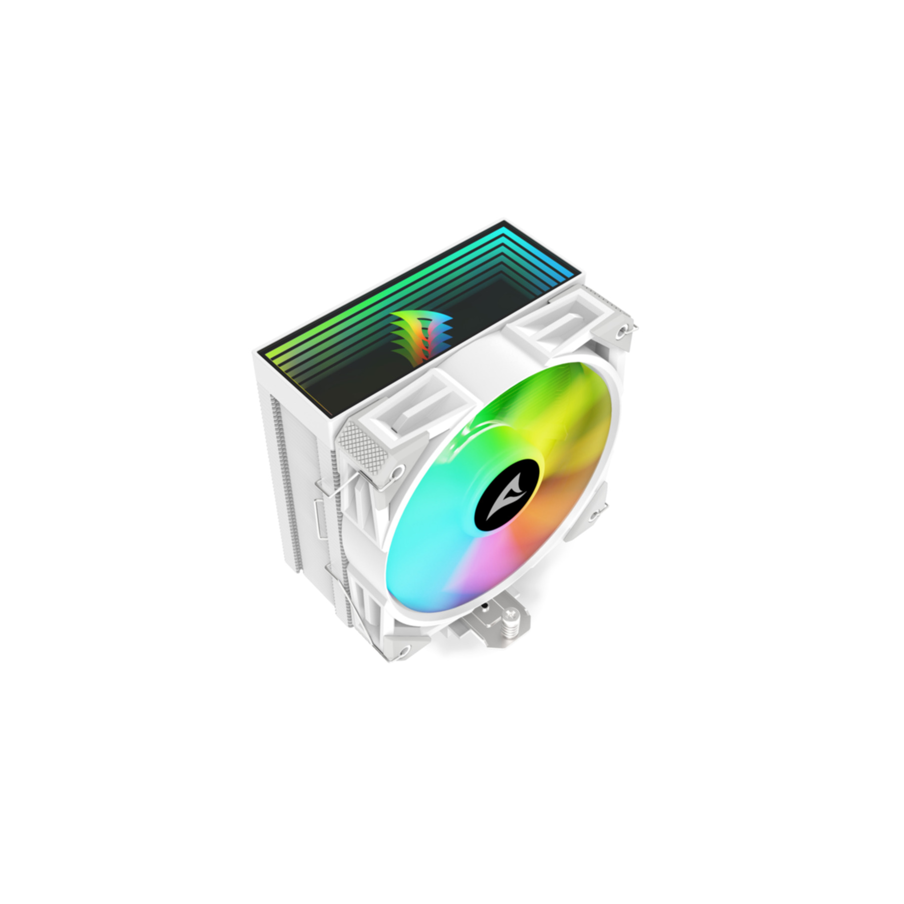 Biała chłodnica procesora z oświetleniem RGB na wentylatorze i górze.