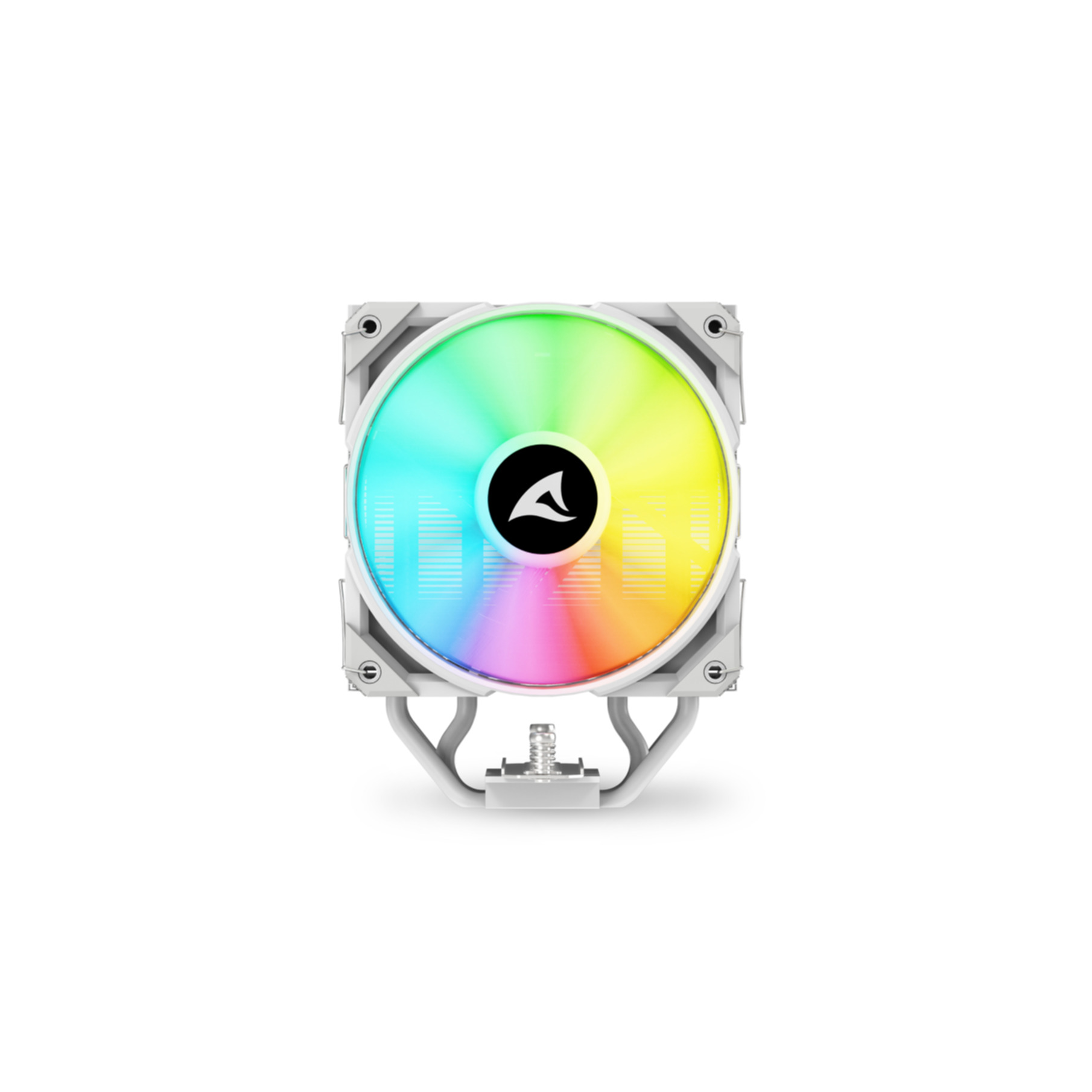Biała chłodnica CPU z wentylatorem RGB i czarnym logo.