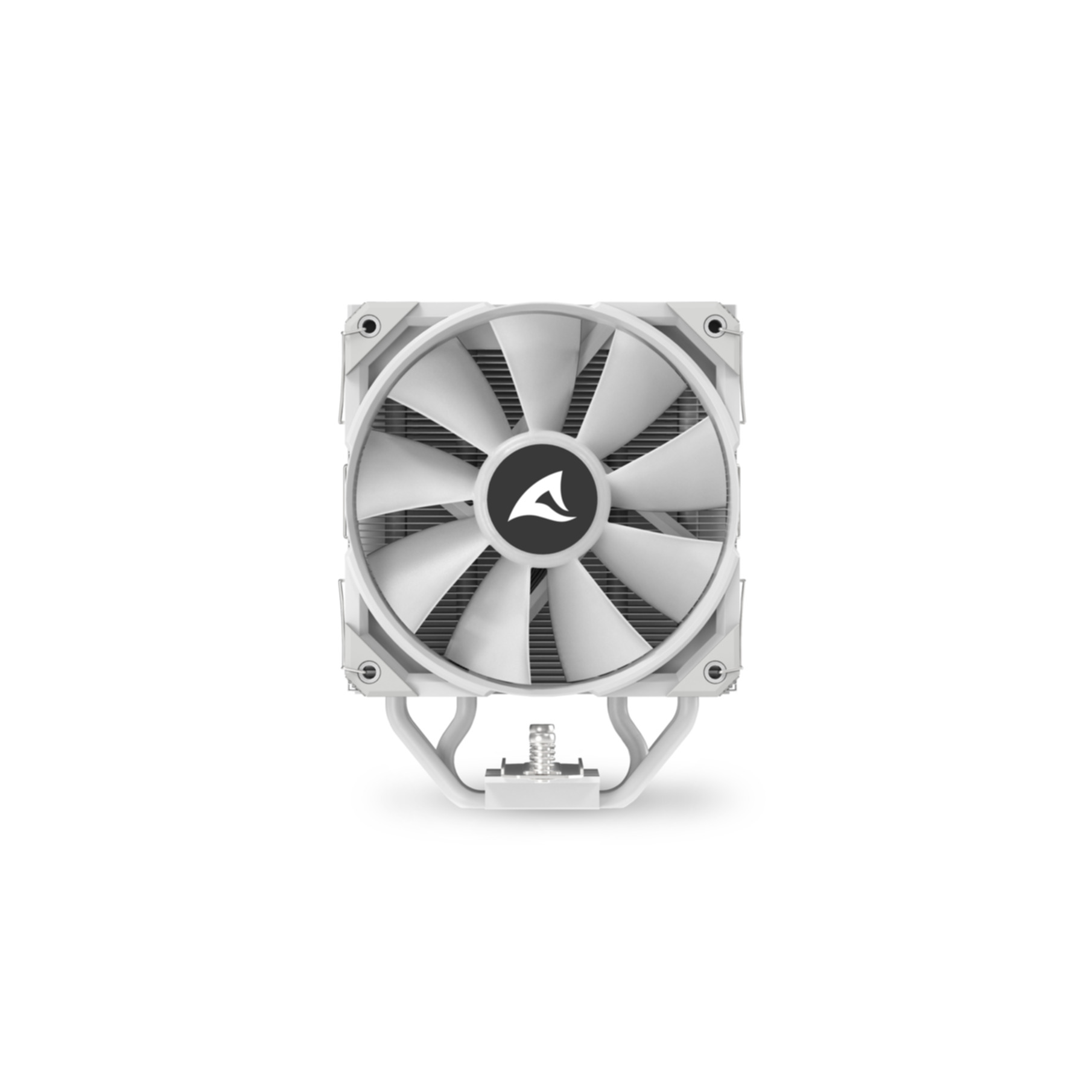 Biały cooler CPU z wentylatorem i logo na białym tle.