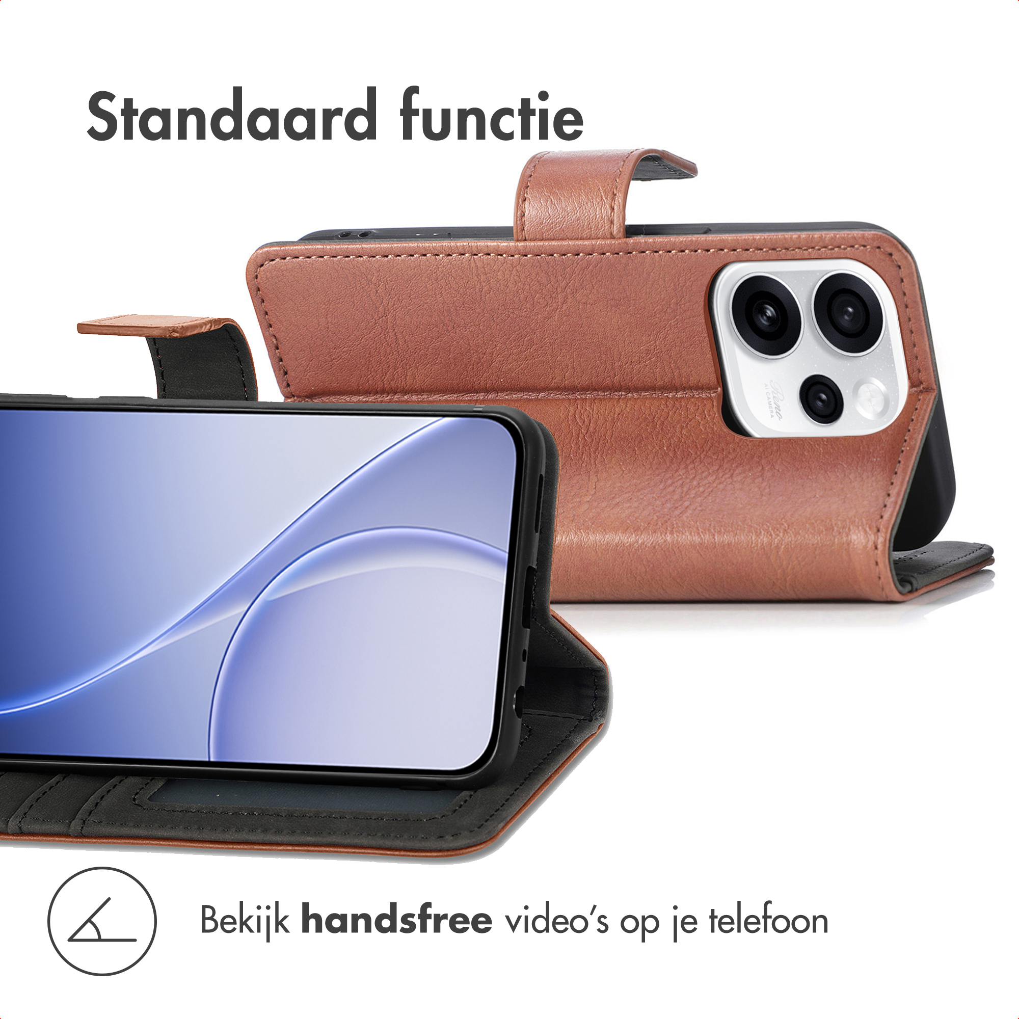 Bruine lederen telefoonhoes met standaardfunctie en camera-array.