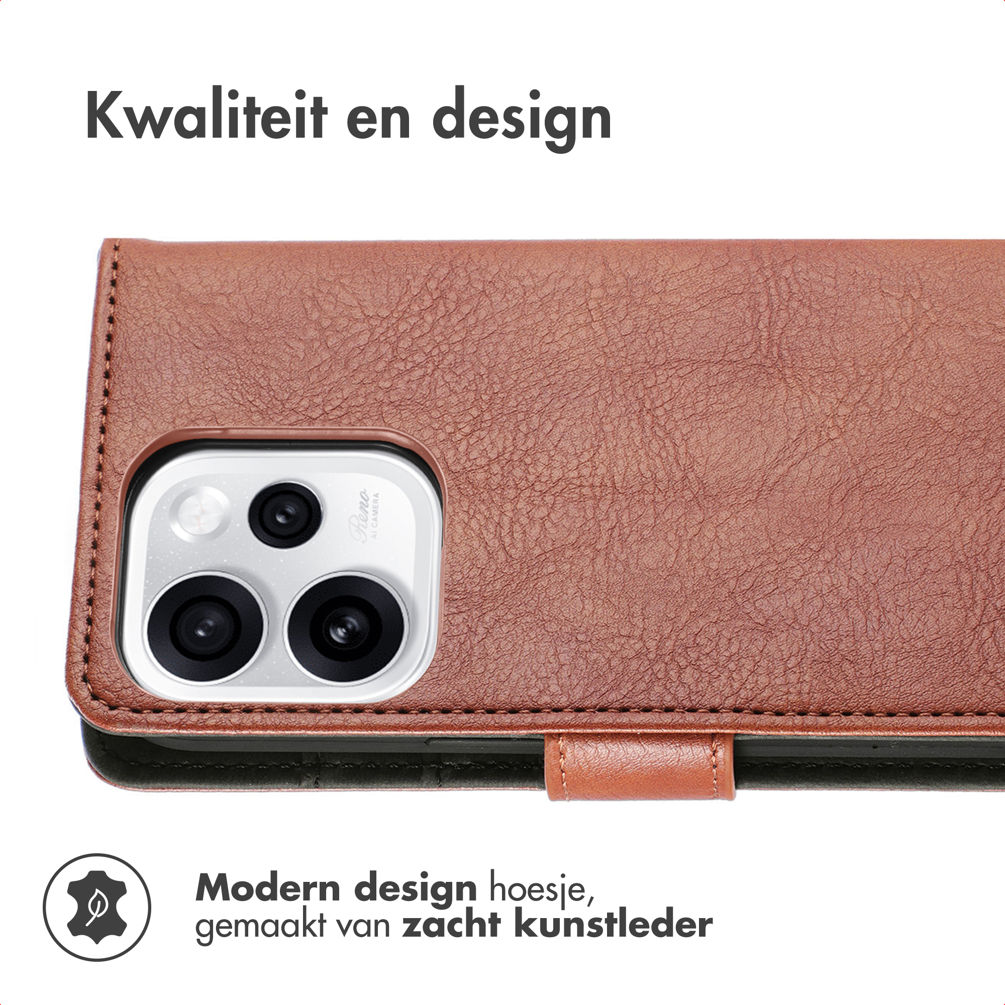 Bruine kunstlederen telefoonhoes met drie camera's en een bladsymbool.