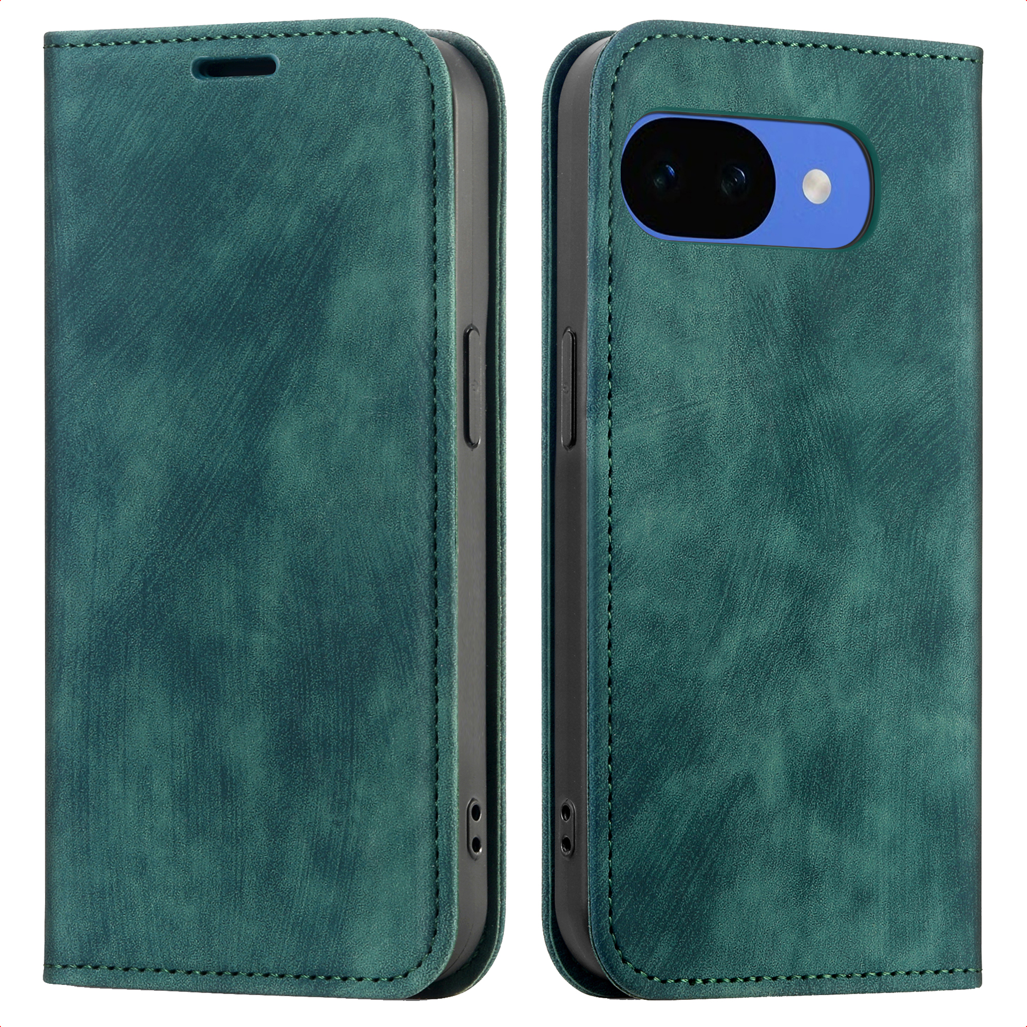 Étui de téléphone vert en similicuir avec découpe caméra et coutures.