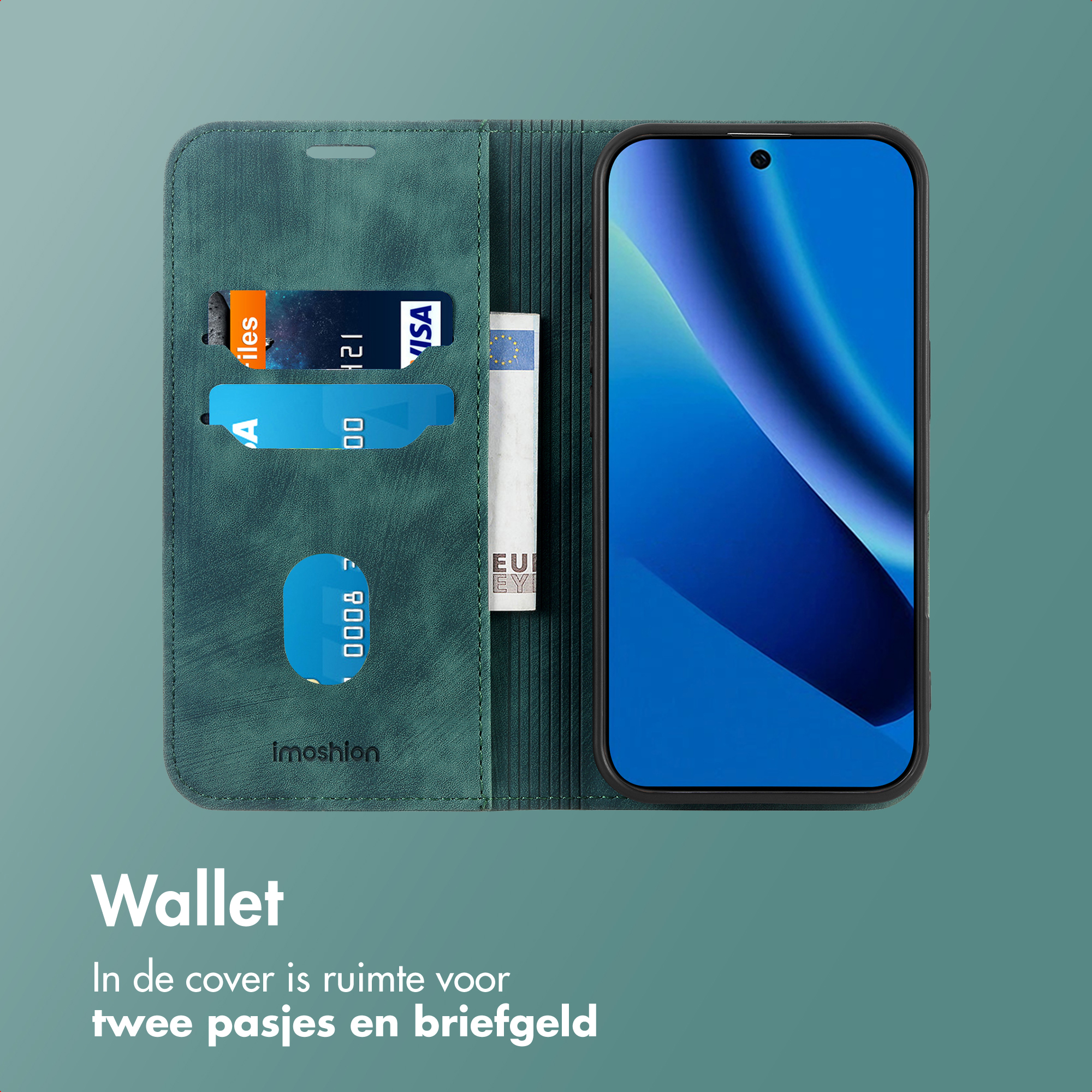 Portefeuille vert avec emplacement téléphone, fentes cartes et poche billets.