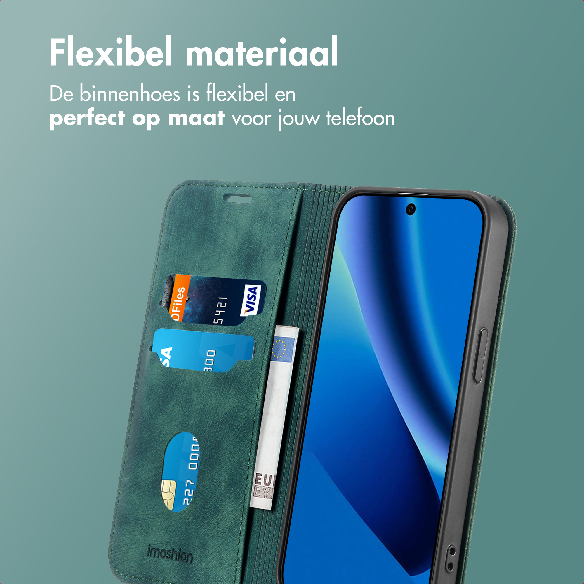 Un étui de téléphone vert avec des fentes pour cartes, un billet et un smartphone.