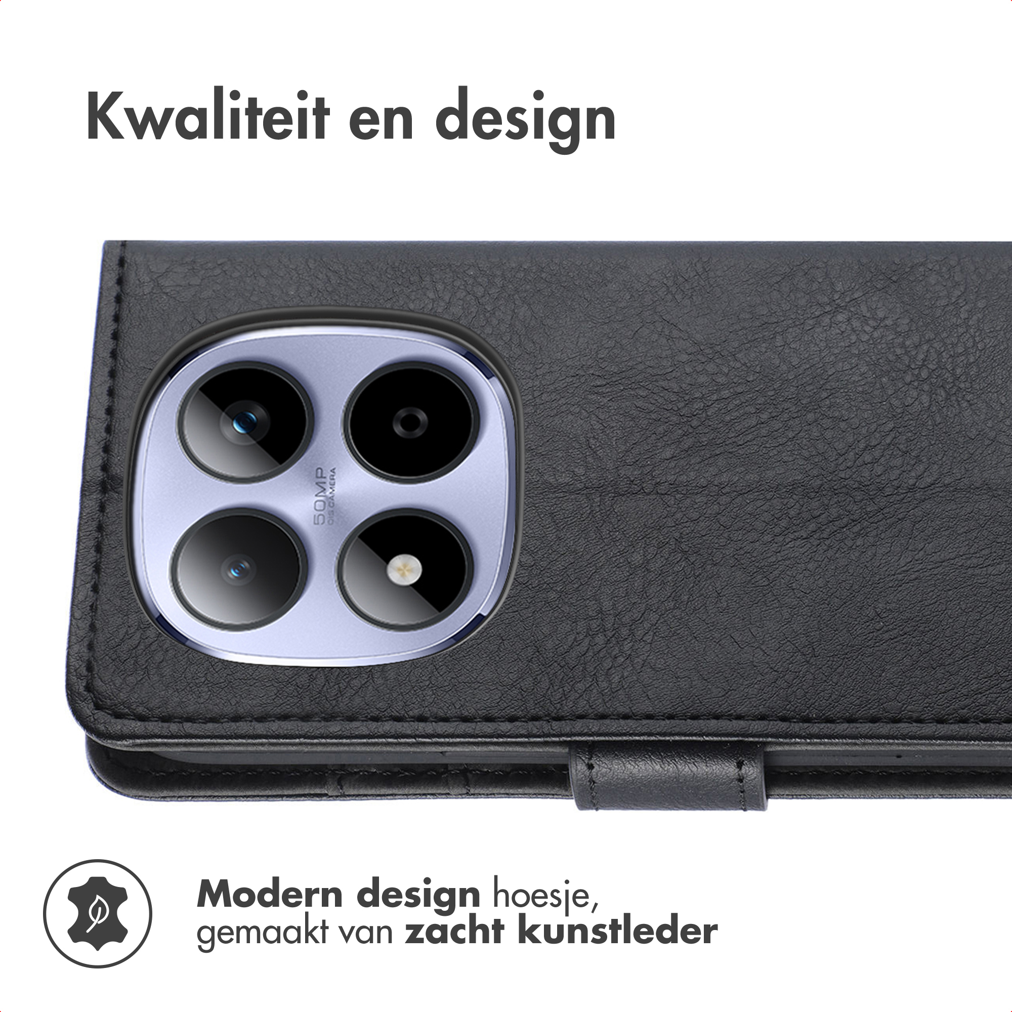 Étui de téléphone noir en similicuir avec appareil photo quadruple et texte.
