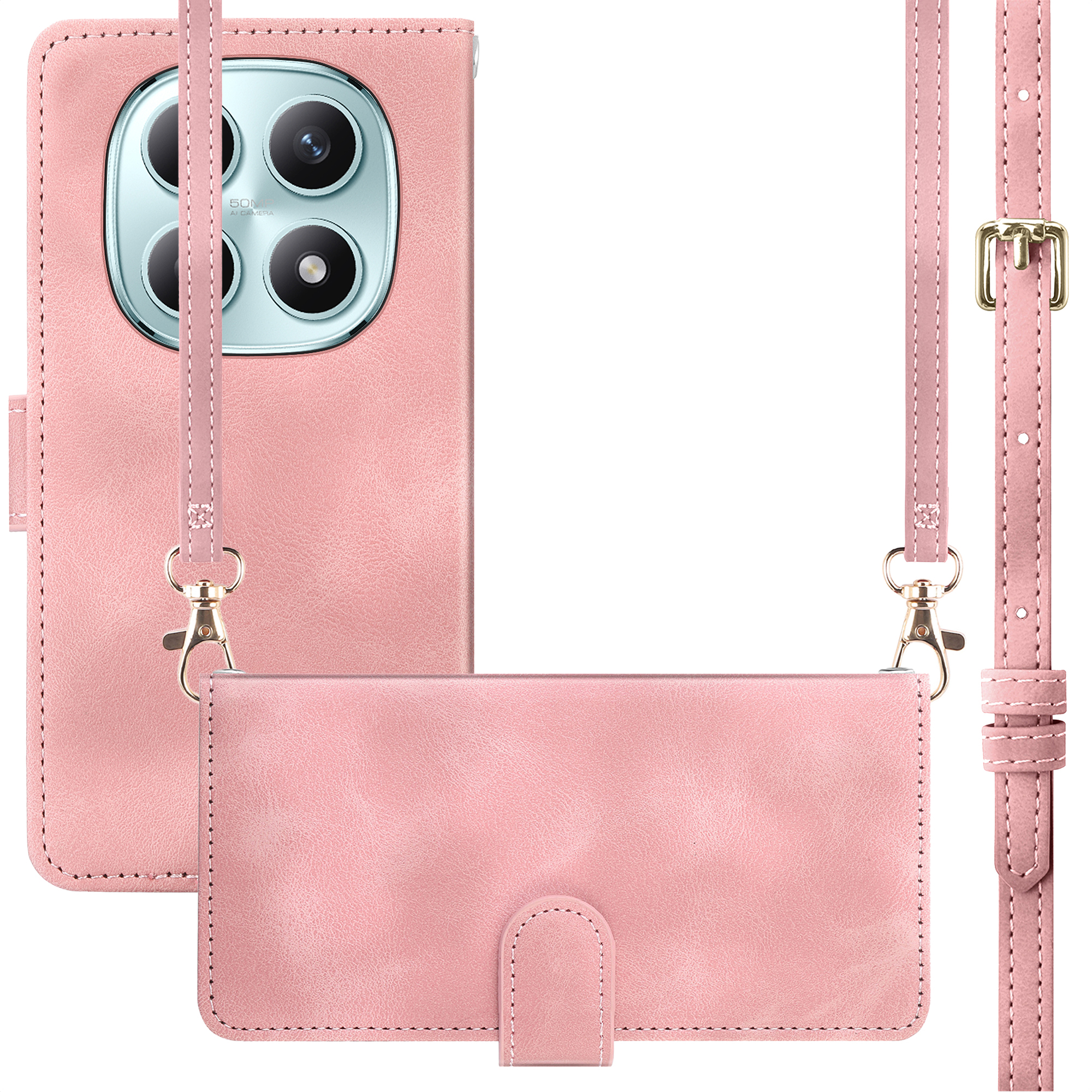 Een roze telefoonhoesje met cameralens en afneembare riem.