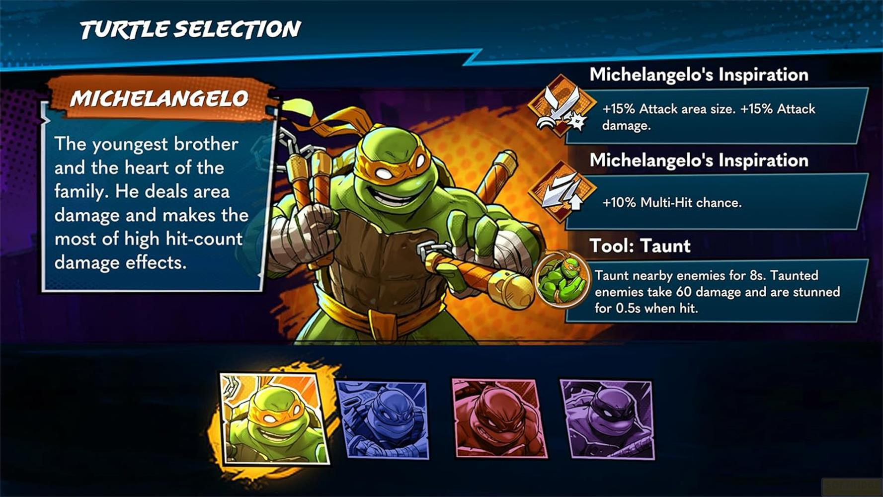 Michelangelo, le plus jeune frère, dans un écran de sélection de jeu.