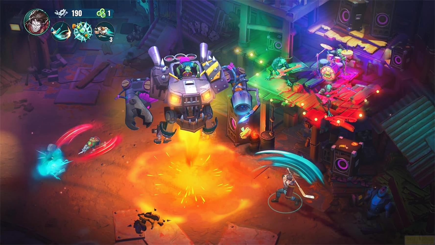 Un robot combat des personnages dans une arène colorée. Un batteur joue en arrière-plan.