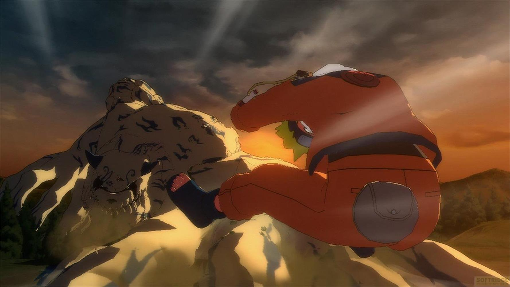 Naruto in arancione seduto su una roccia accanto a un animale di pietra al tramonto.