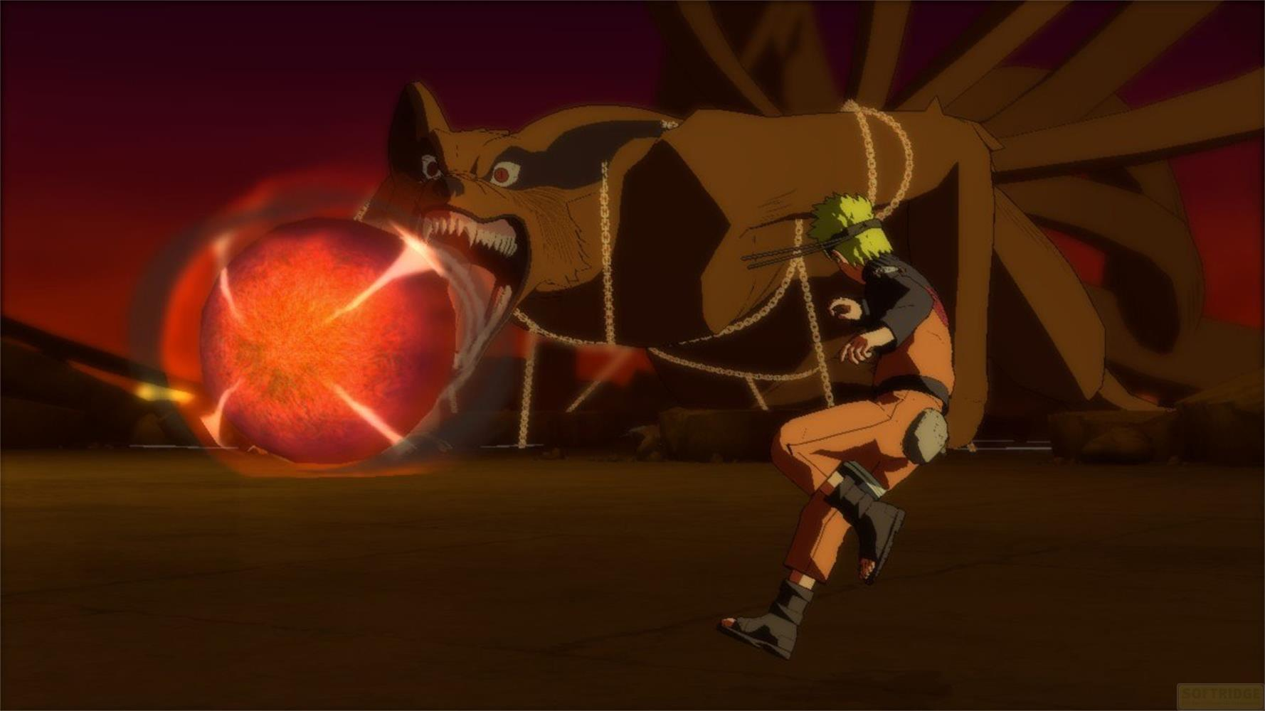 Un demone volpe arancione attacca con una sfera di energia mentre Naruto lo affronta.