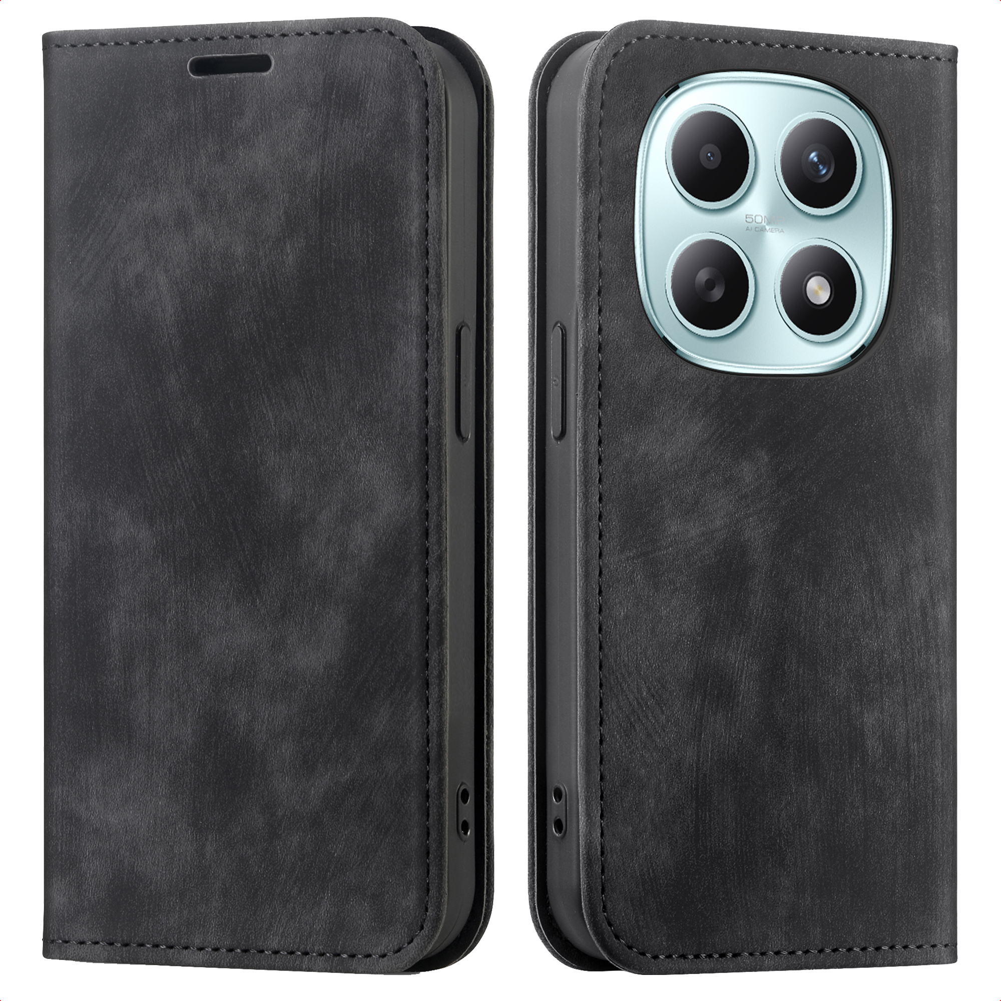 Étui de téléphone en cuir noir ouvert, montrant les objectifs de la caméra.