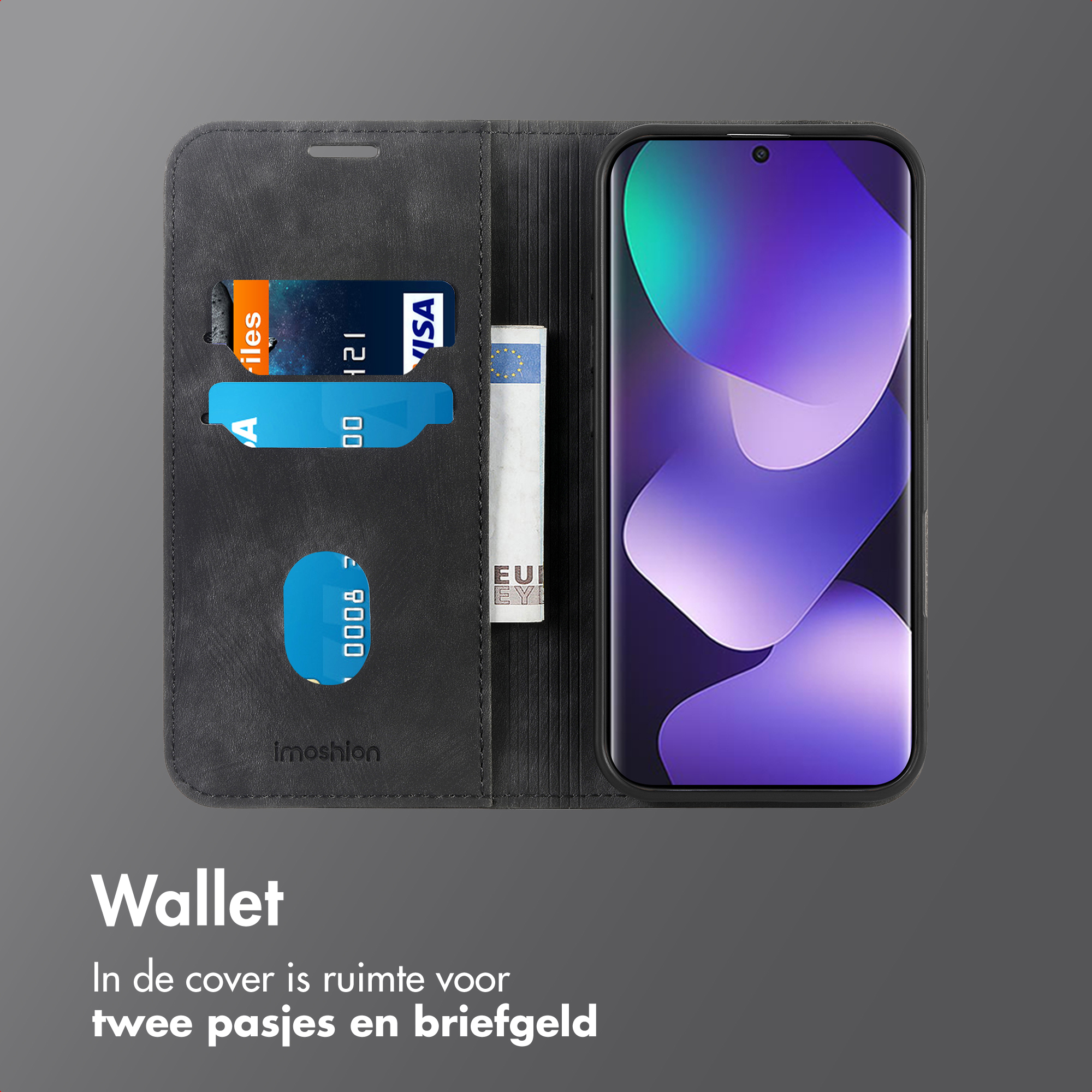 Étui de téléphone noir avec fentes pour cartes et argent. Un téléphone est inséré.