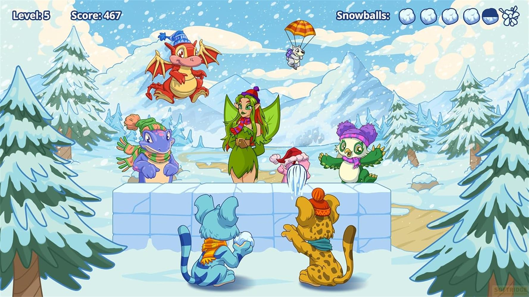 Scena invernale con personaggi dei cartoni animati: drago, fata, pinguino, gatti.