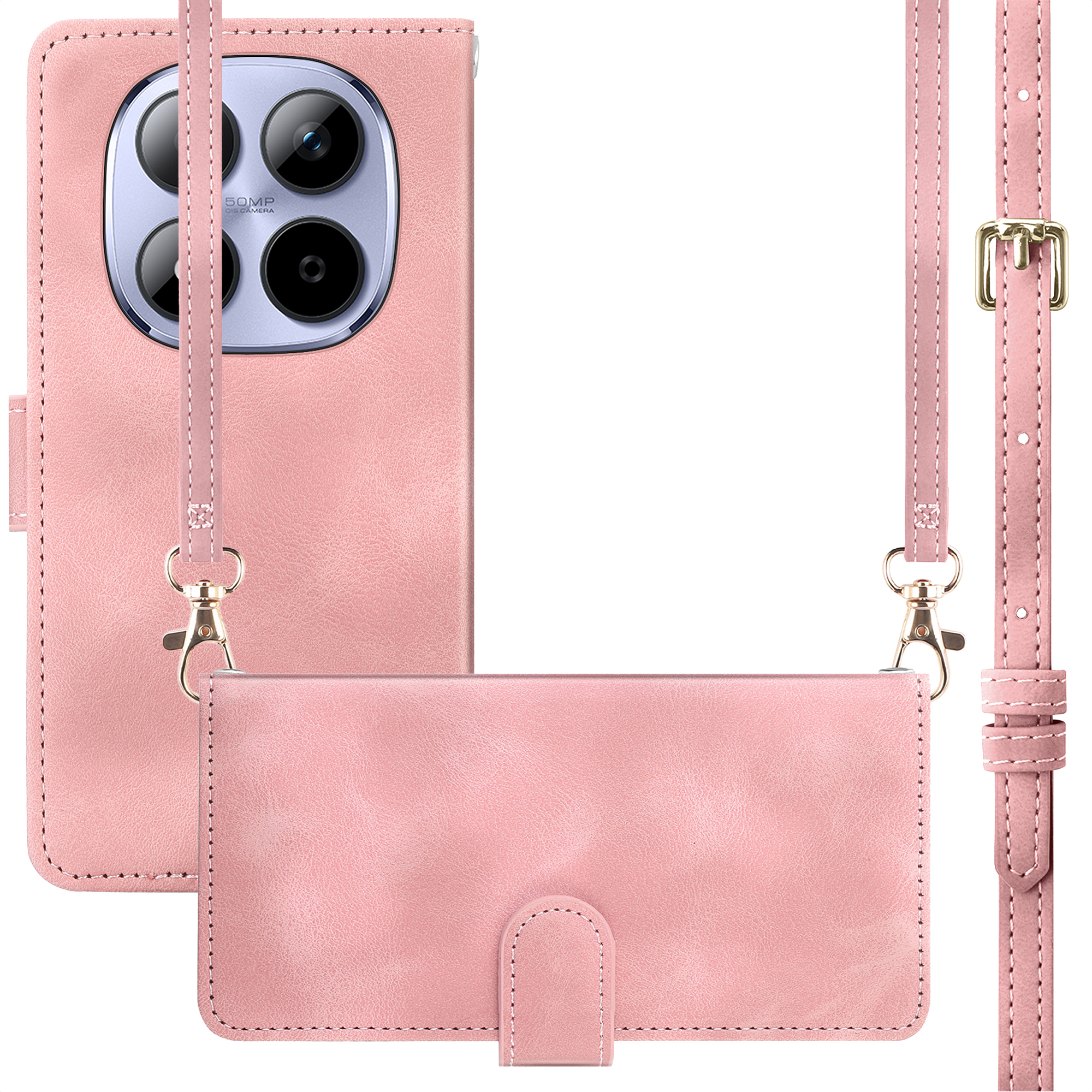 Coque de téléphone rose avec découpe caméra et dragonne.