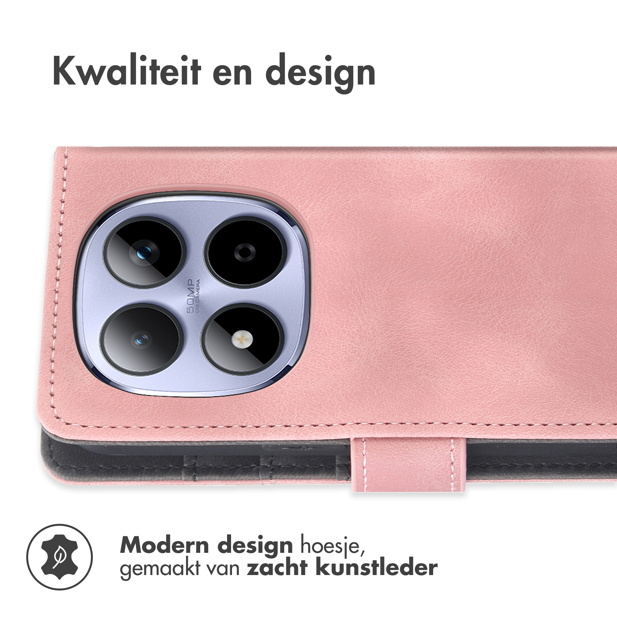 Un étui à rabat en similicuir rose pour smartphone, montrant la découpe de l'appareil photo.