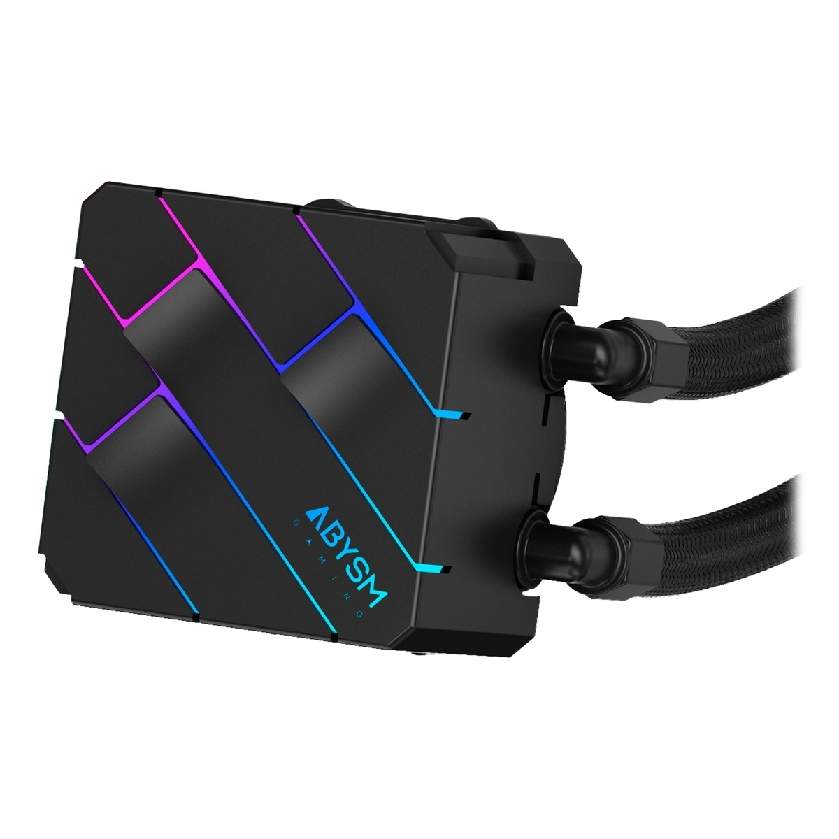 Enfriador de agua para PC negro con iluminación RGB y mangueras.
