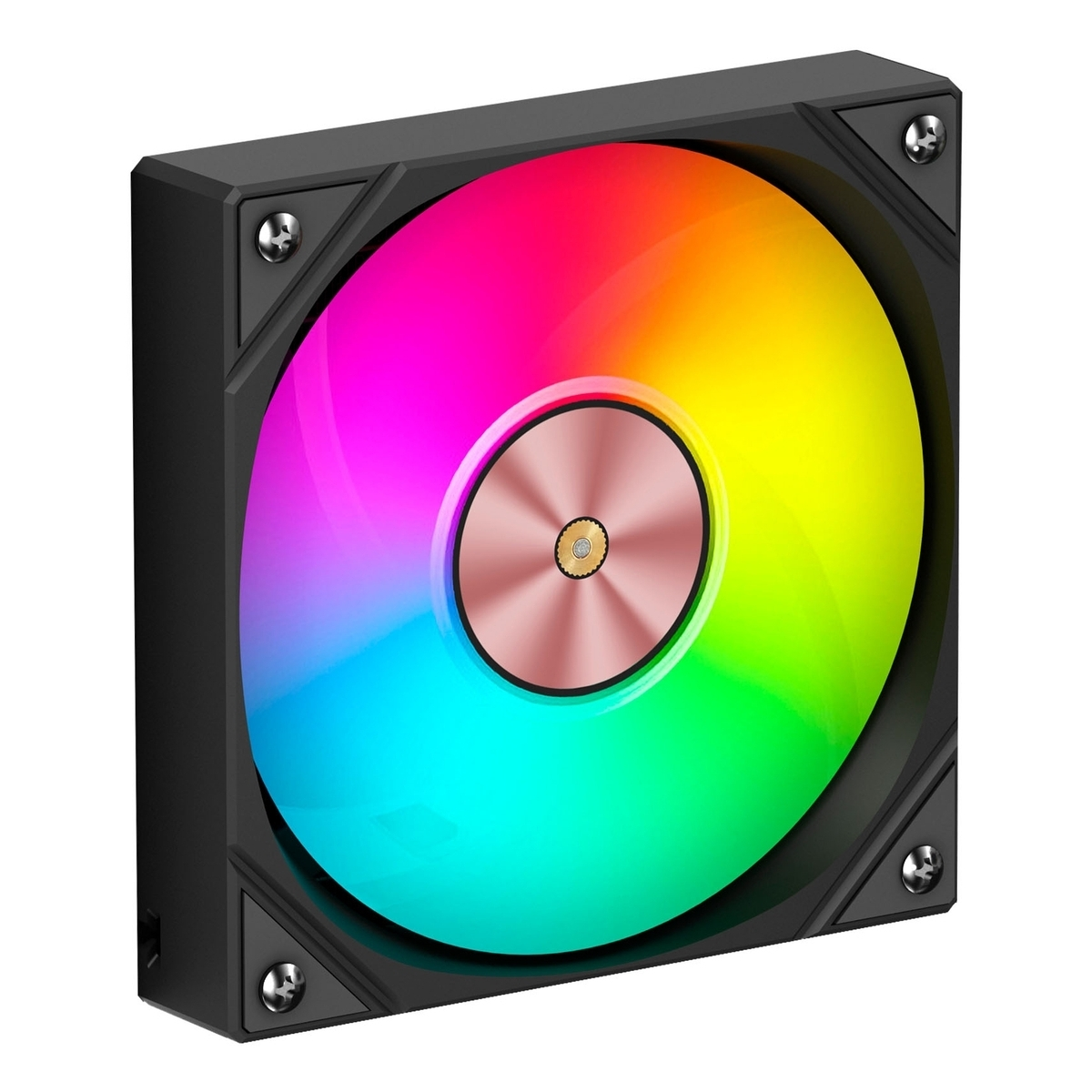 Un ventilador negro con anillo de iluminación RGB colorido y un buje de color cobre.