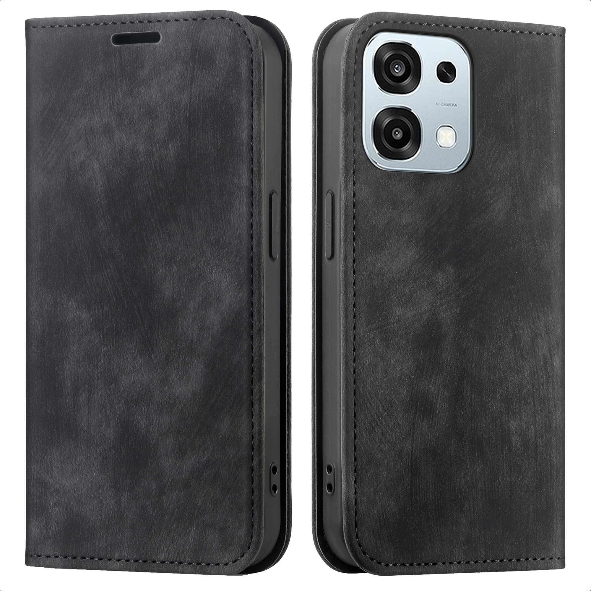 Zwarte leren flip telefoonhoes met camerabult. Gesloten en open weergaven.