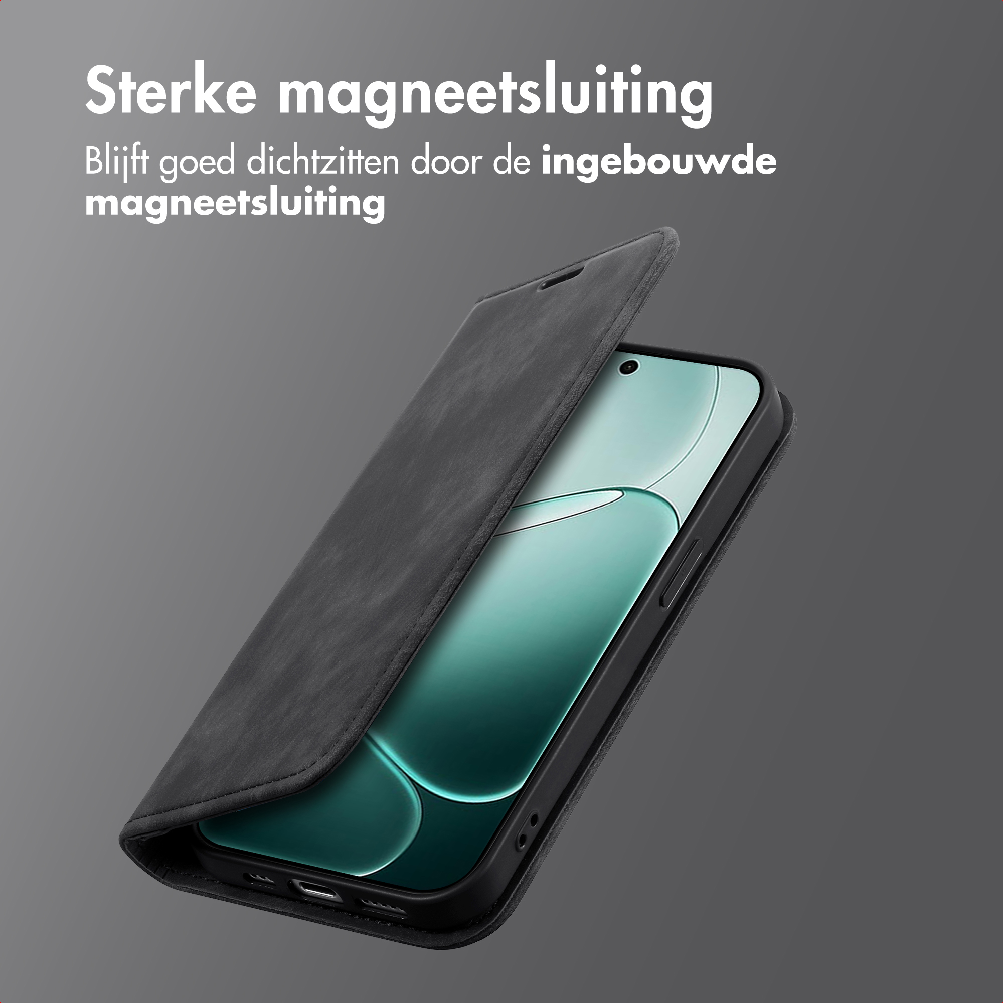 Zwarte telefoon met open klaphoes op grijze achtergrond.