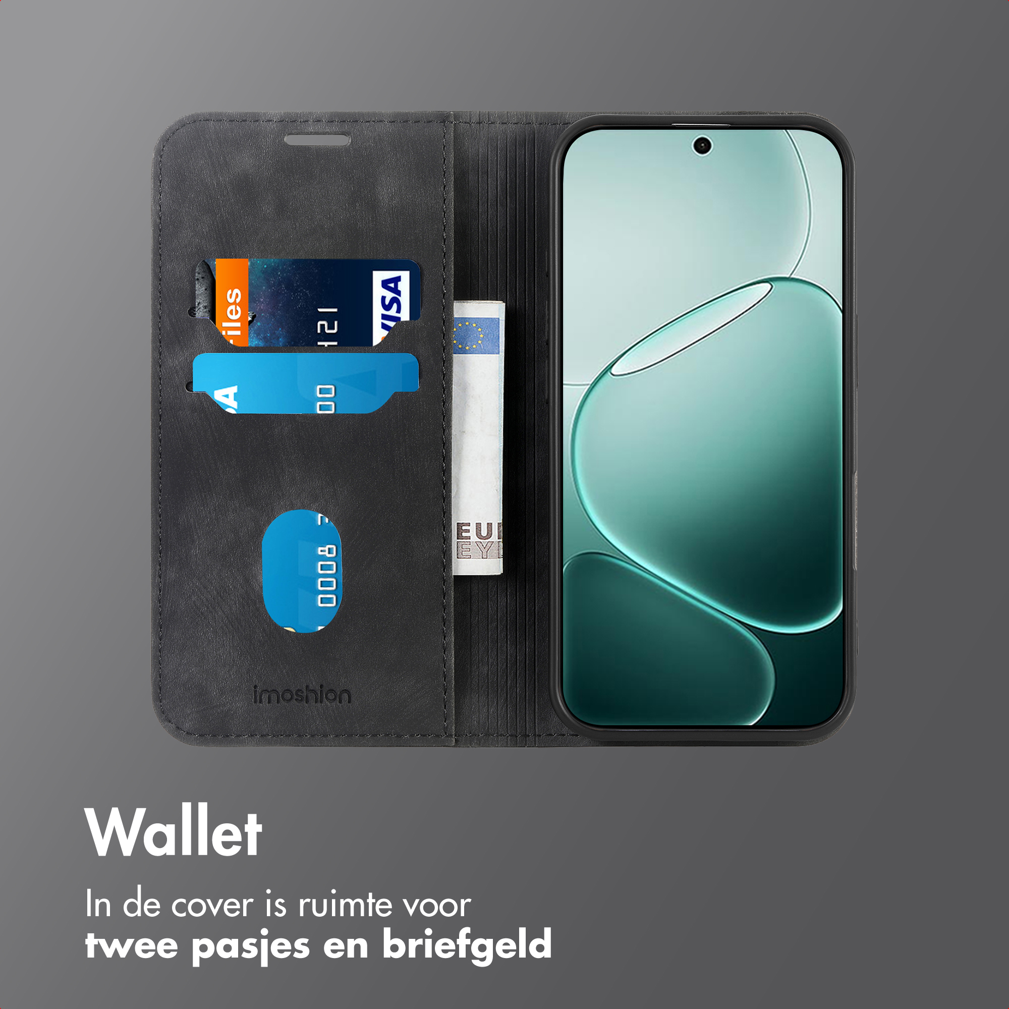 Een zwarte portemonnee met kaartsleuven en telefoon.